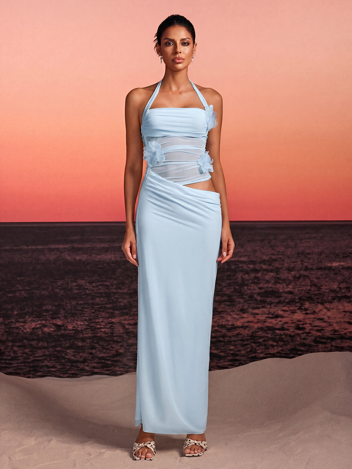 Torinex Halterneck Flower Maxi Dress In Sky