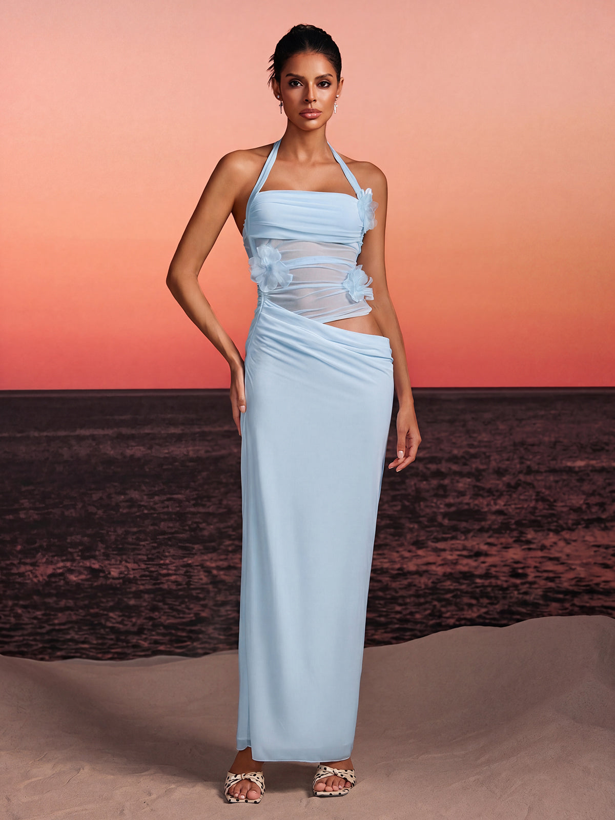 Torinex Halterneck Flower Maxi Dress In Sky