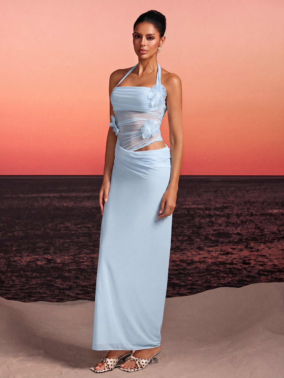 Torinex Halterneck Flower Maxi Dress In Sky