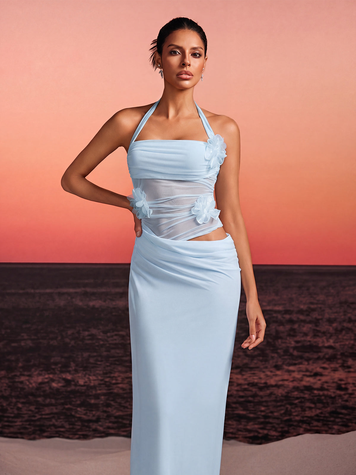 Torinex Halterneck Flower Maxi Dress In Sky