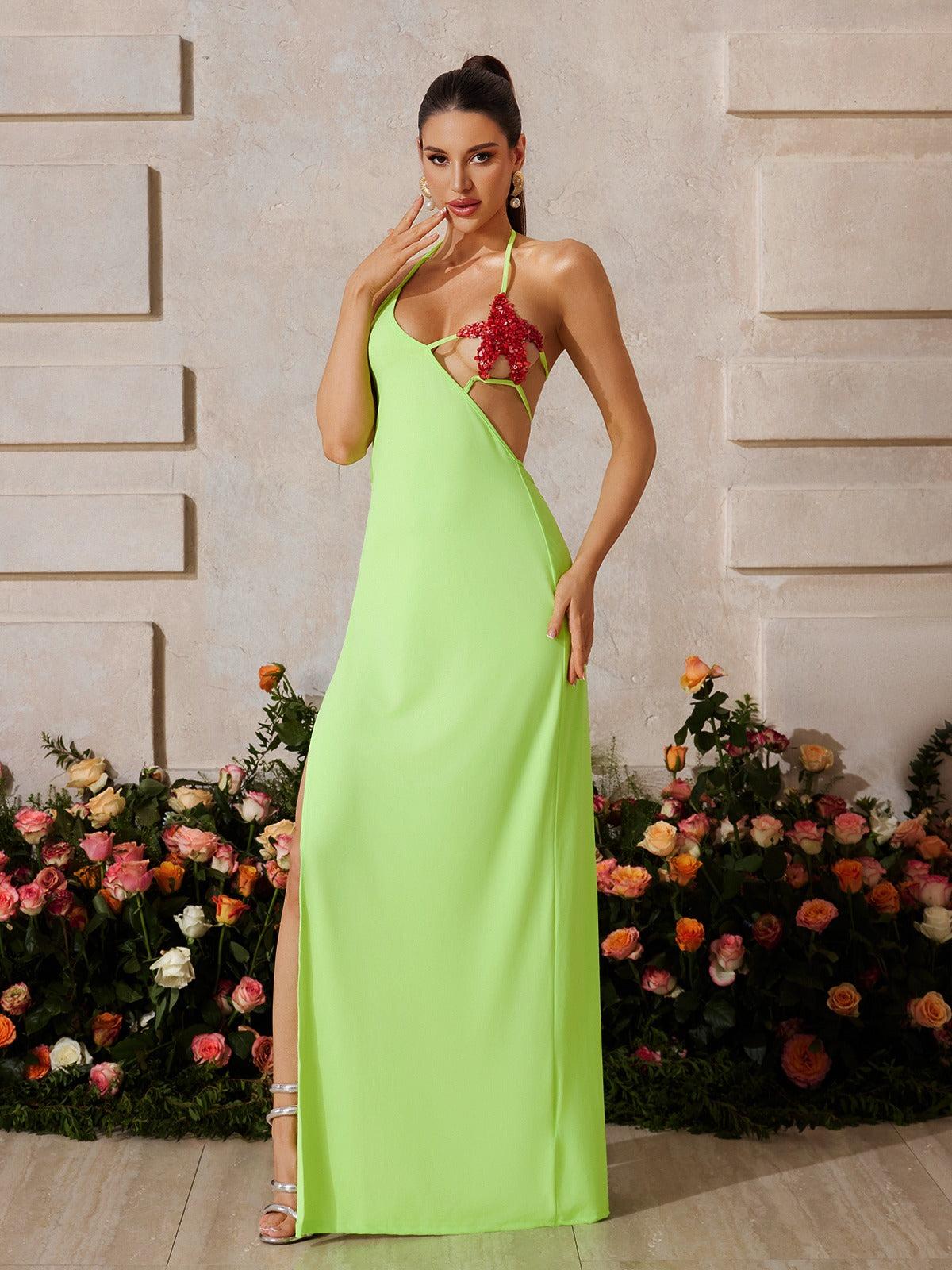 Tosca Starfish Bustier Split Maxi Dress In Green