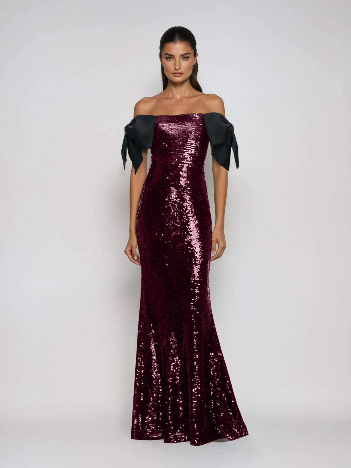 Transgenix Off Shoulder Bow Sequin Maxi Dress