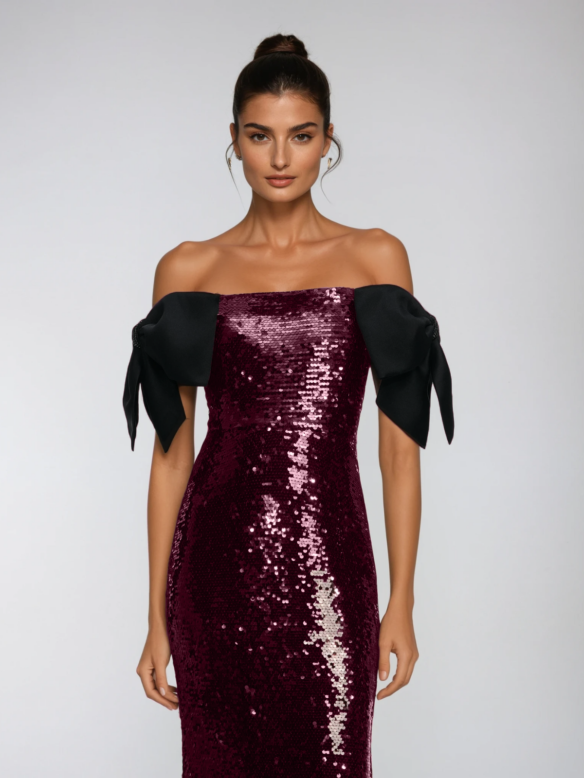 Transgenix Off Shoulder Bow Sequin Maxi Dress