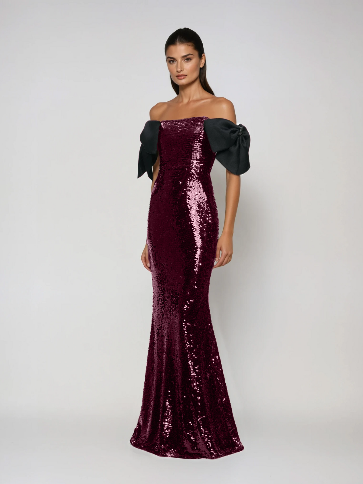 Transgenix Off Shoulder Bow Sequin Maxi Dress