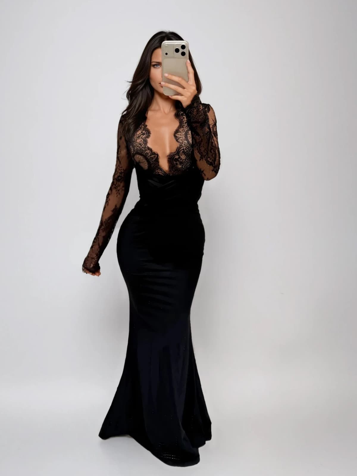Turbulon Plunge Neck Lace Maxi Dress