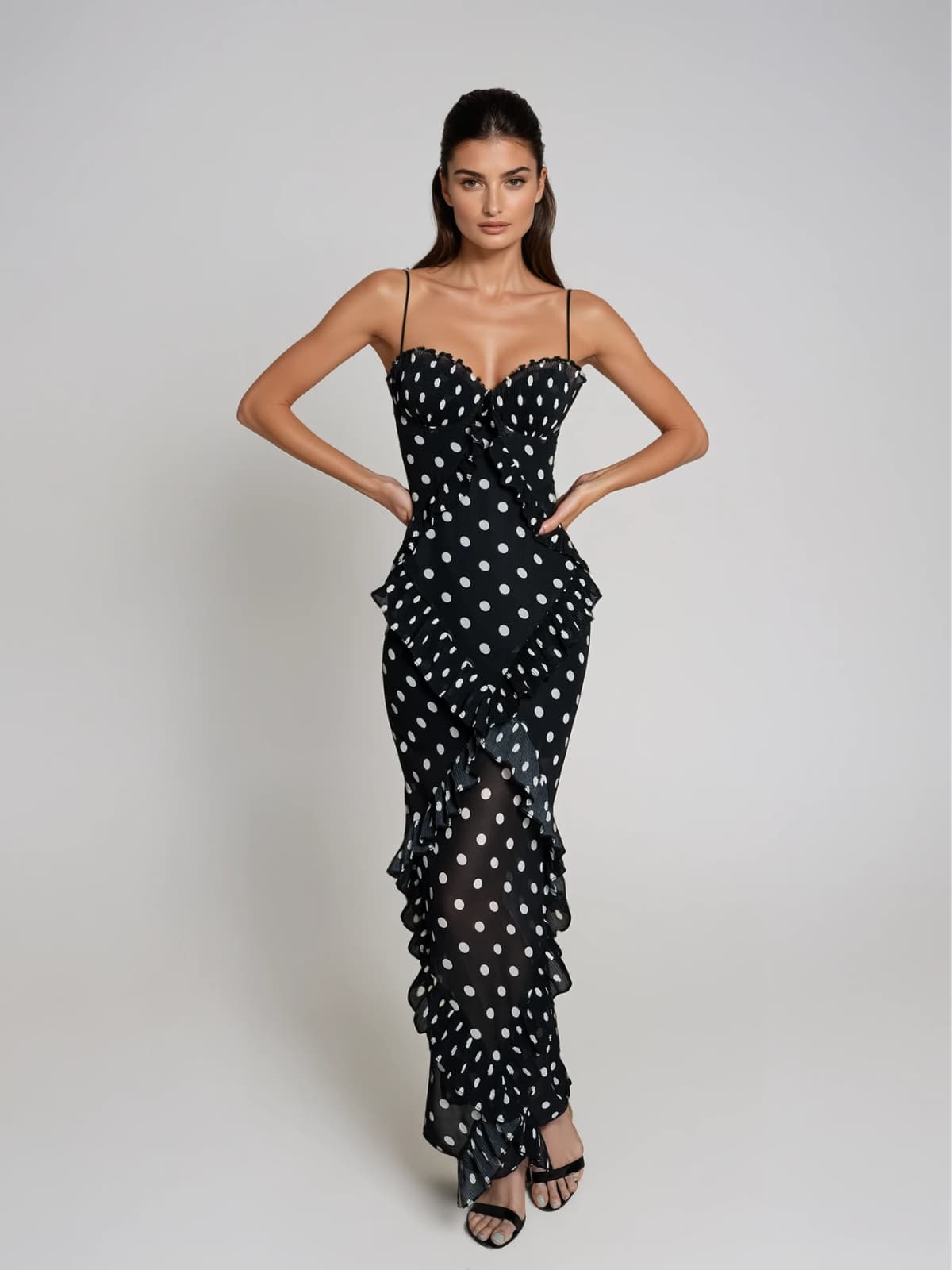 Tynqor Spaghetti Ruffle Dot Maxi Dress In Black