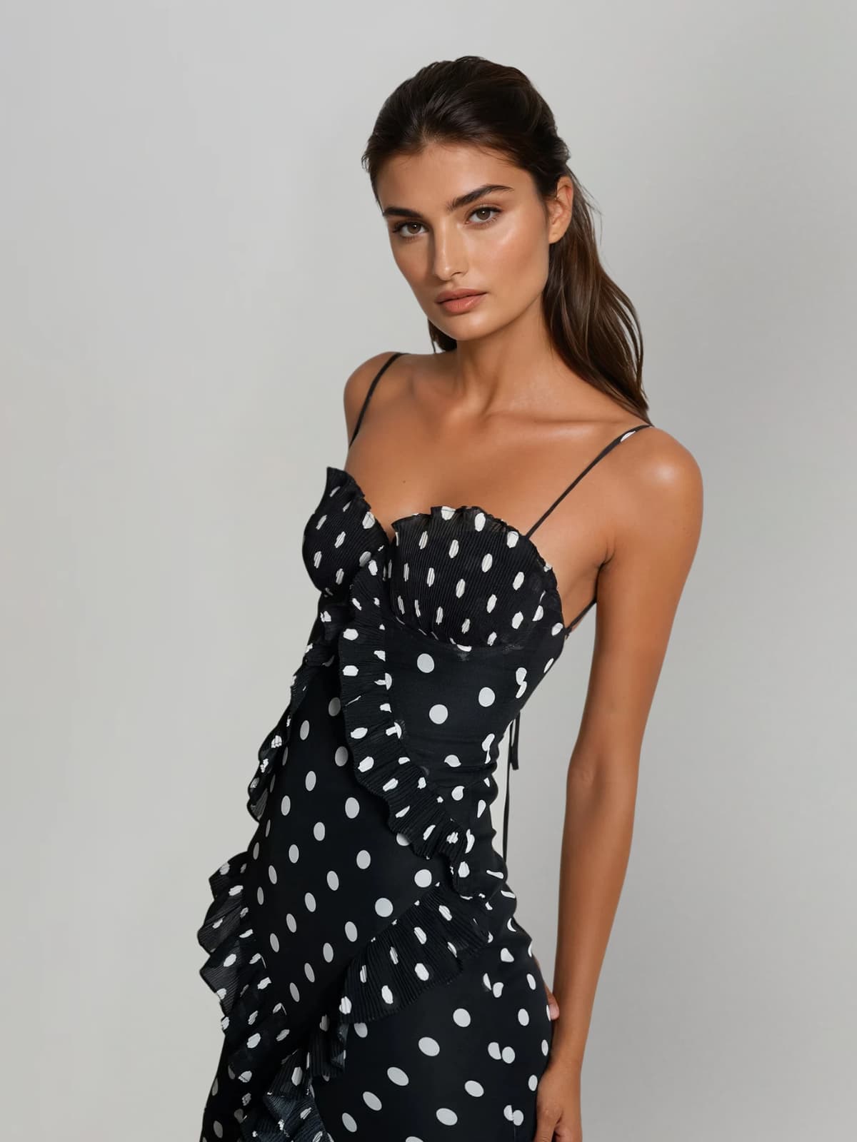 Tynqor Spaghetti Ruffle Dot Maxi Dress In Black