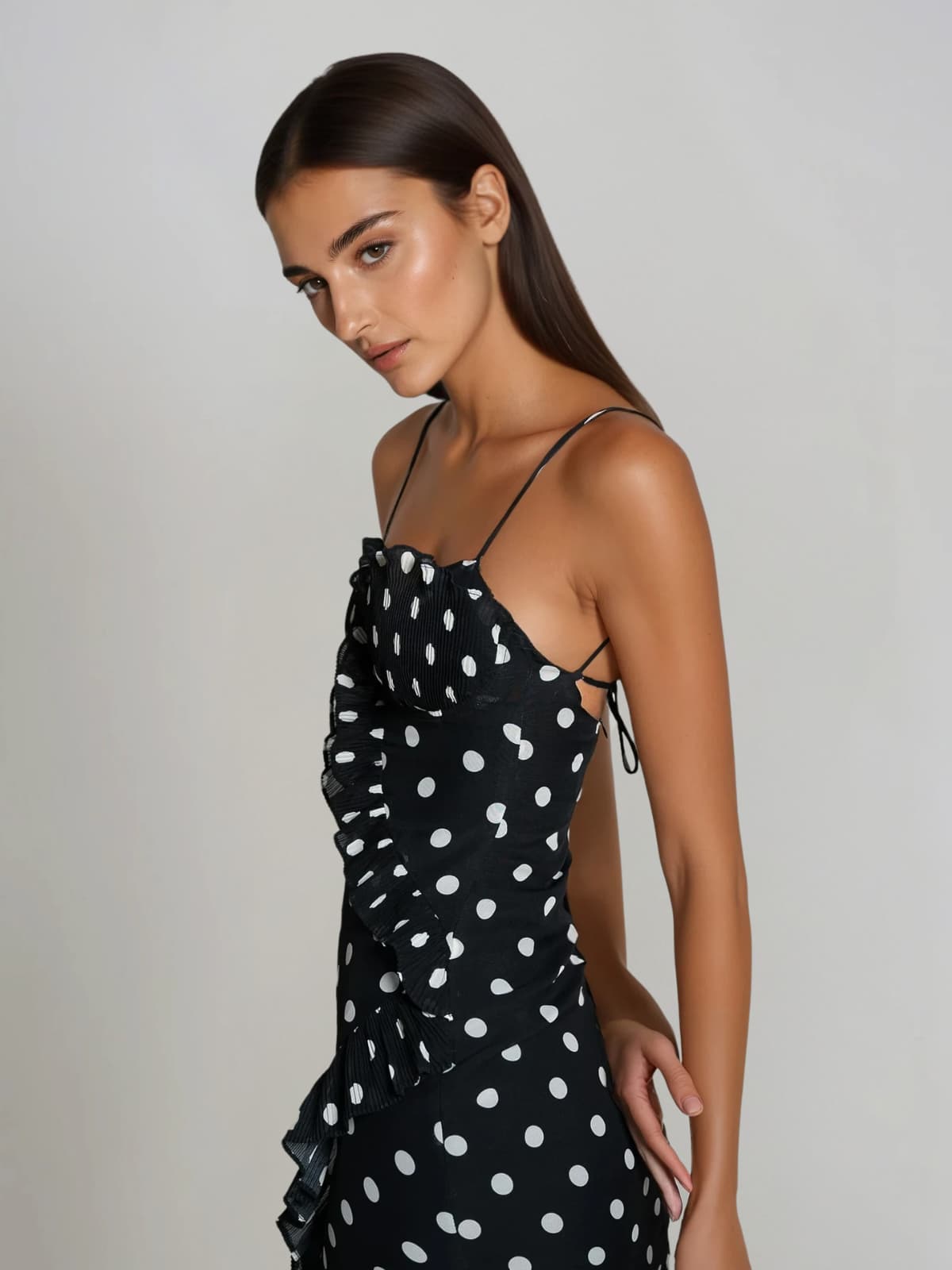 Tynqor Spaghetti Ruffle Dot Maxi Dress In Black