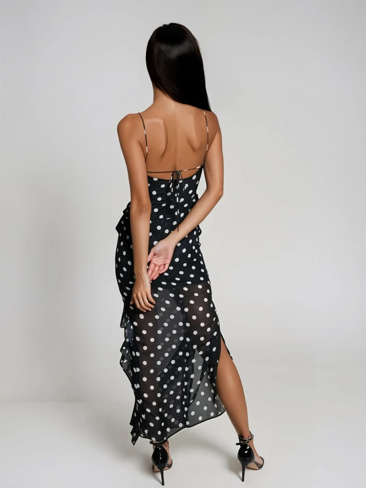 Tynqor Spaghetti Ruffle Dot Maxi Dress In Black