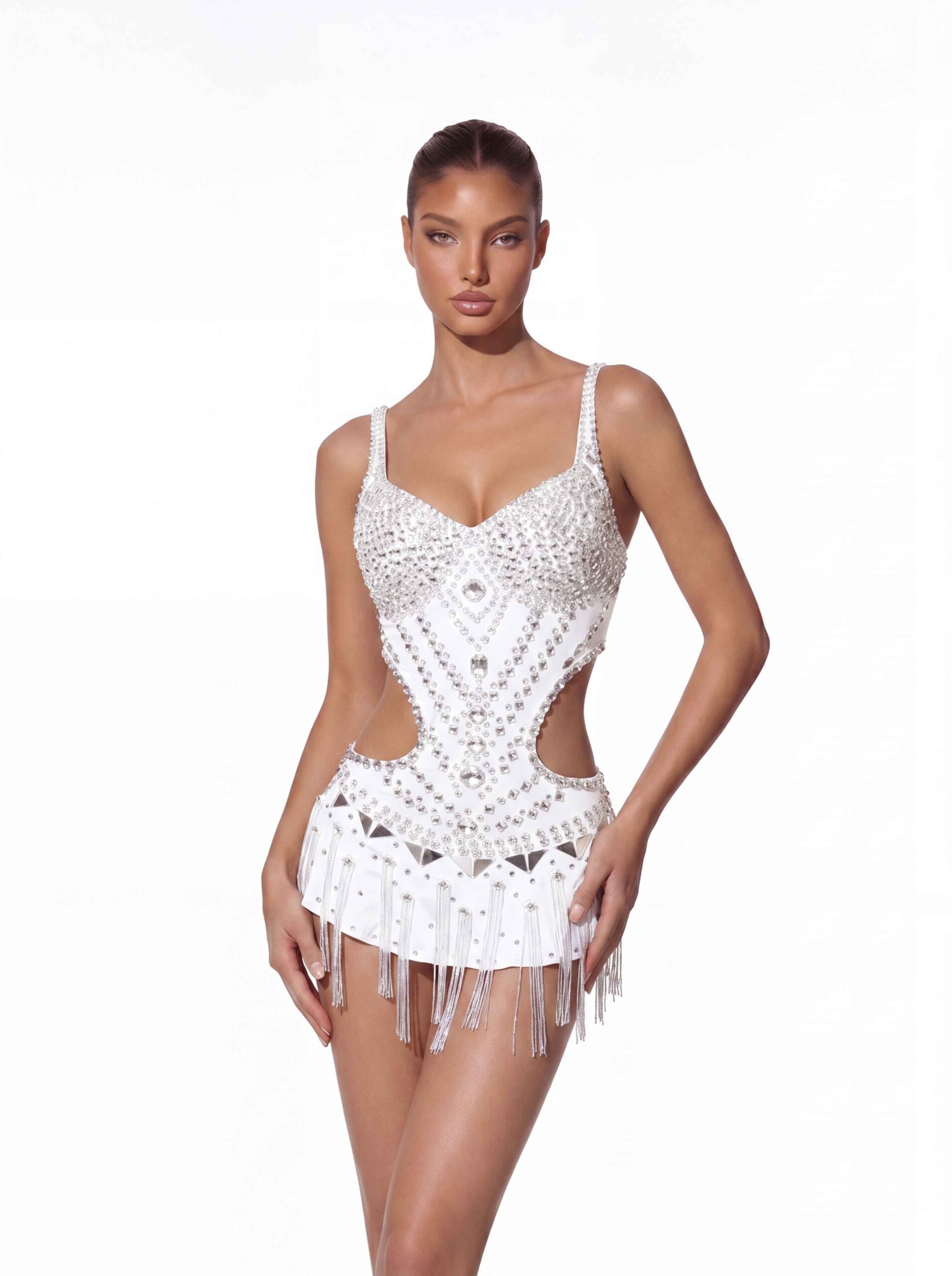 Tyraveth Crystal Cutout Fringe Mini Dress