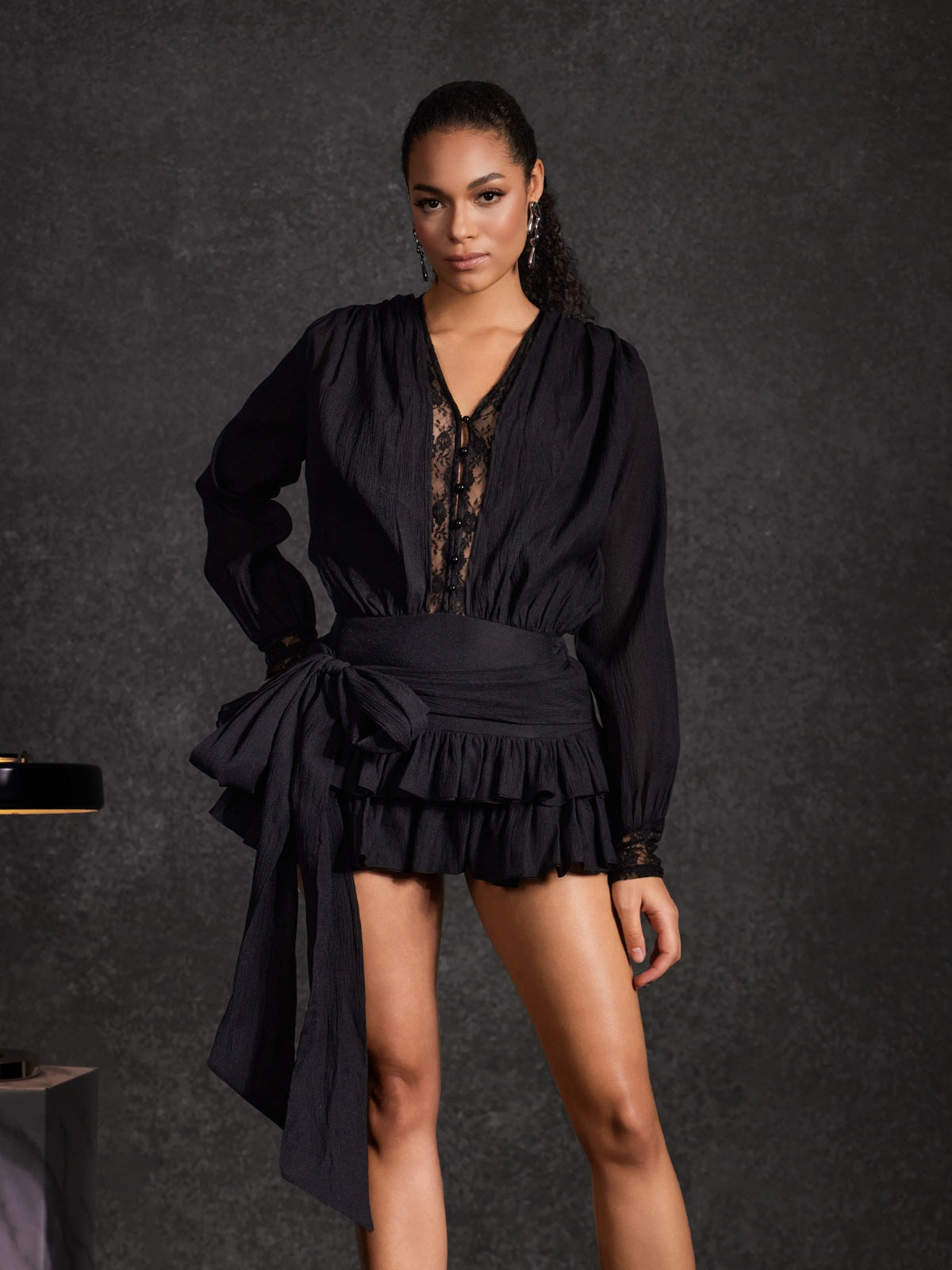 Ulaeron V Neck Lace Bow Mini Dress In Black