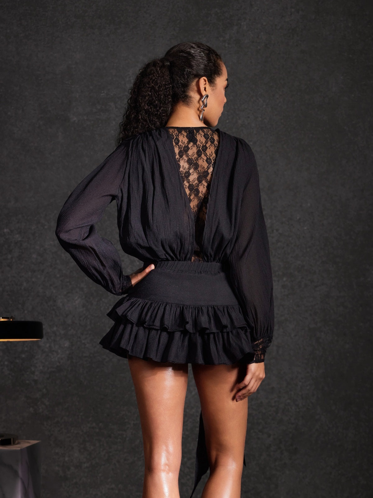 Ulaeron V Neck Lace Bow Mini Dress In Black