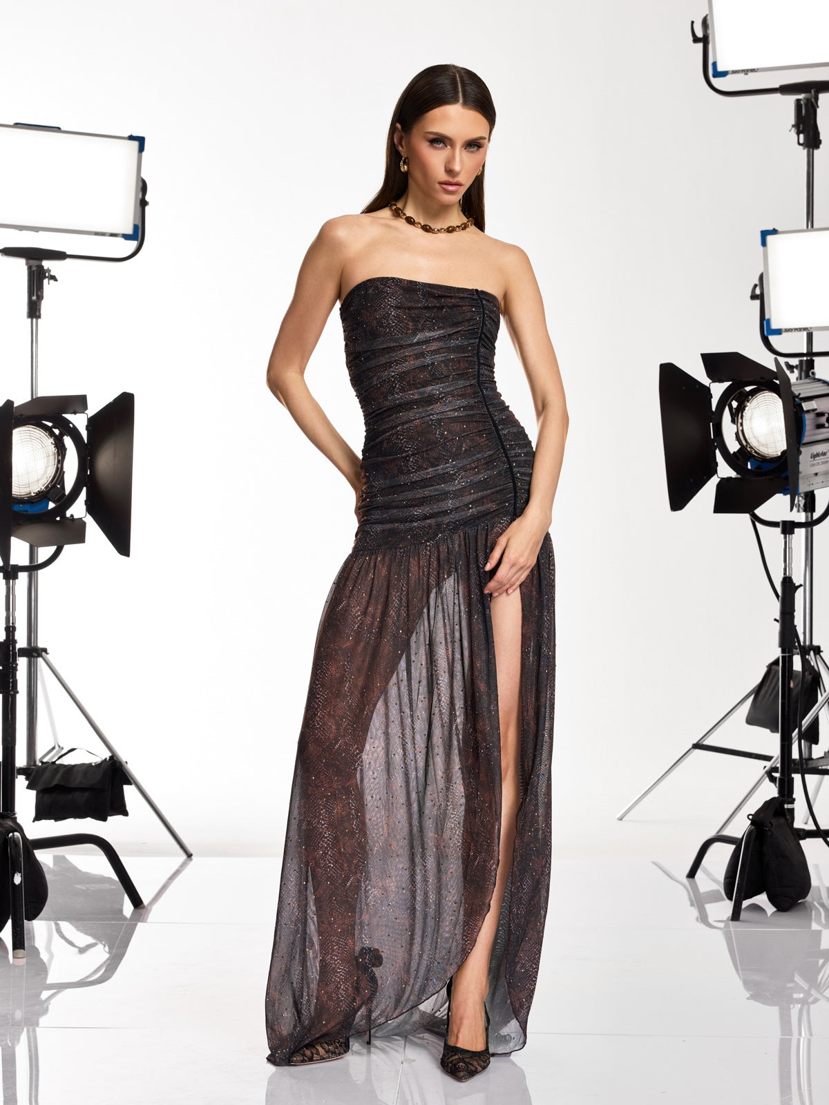 Ulithar Strapless Ruched Snake Split Maxi Dress