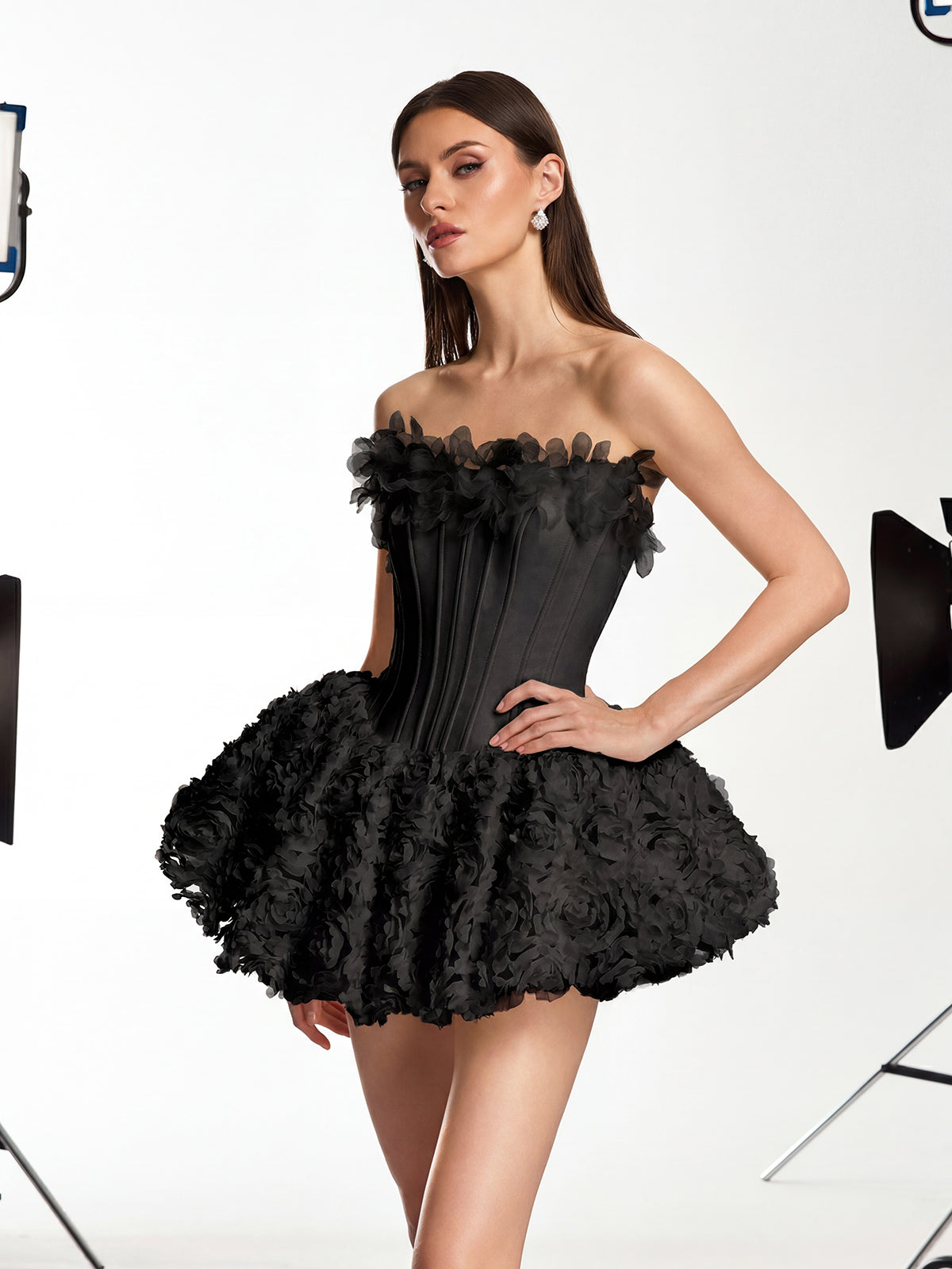 Ulthar Strapless Flower Mini Dress In Black