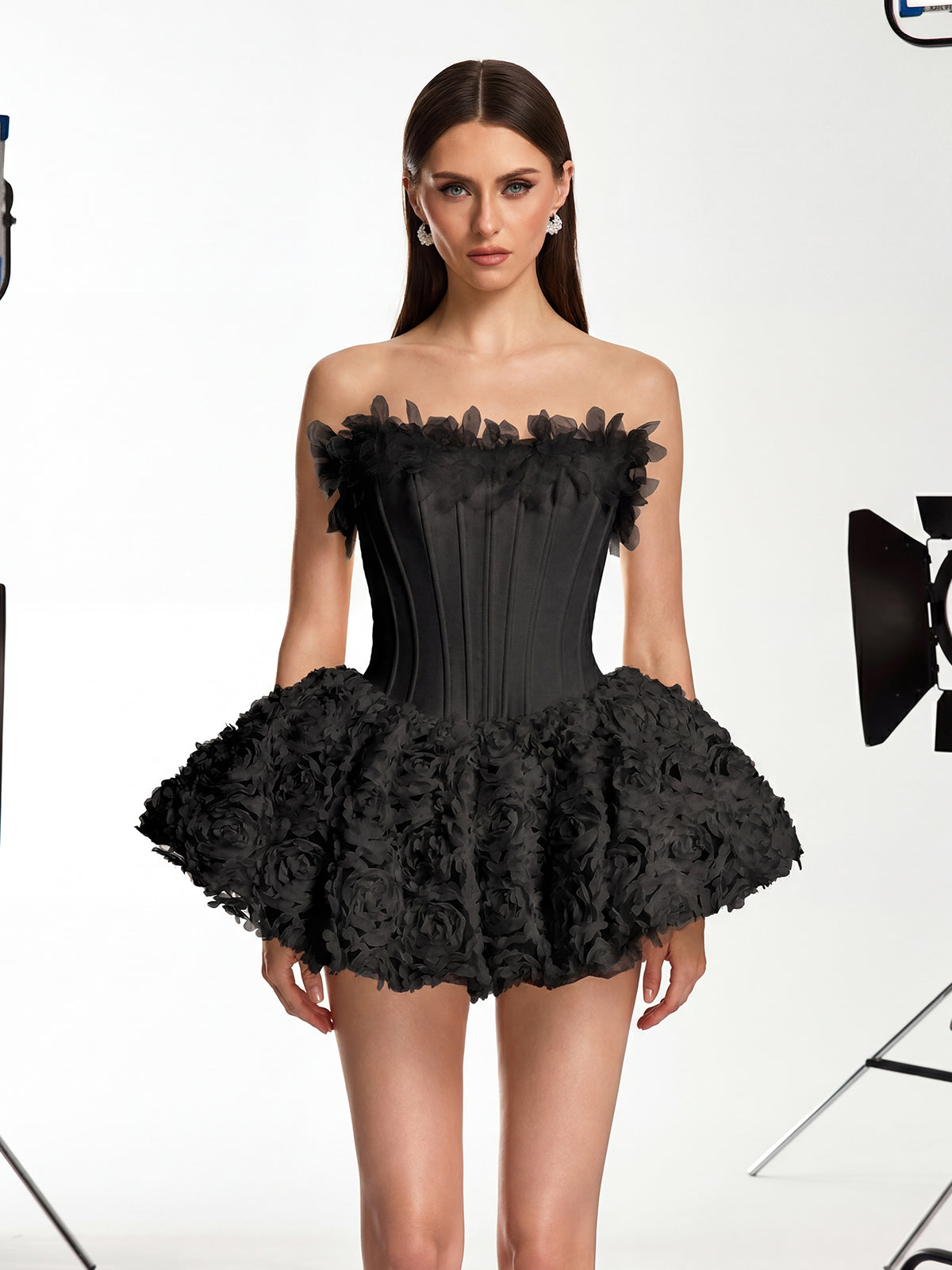 Ulthar Strapless Flower Mini Dress In Black