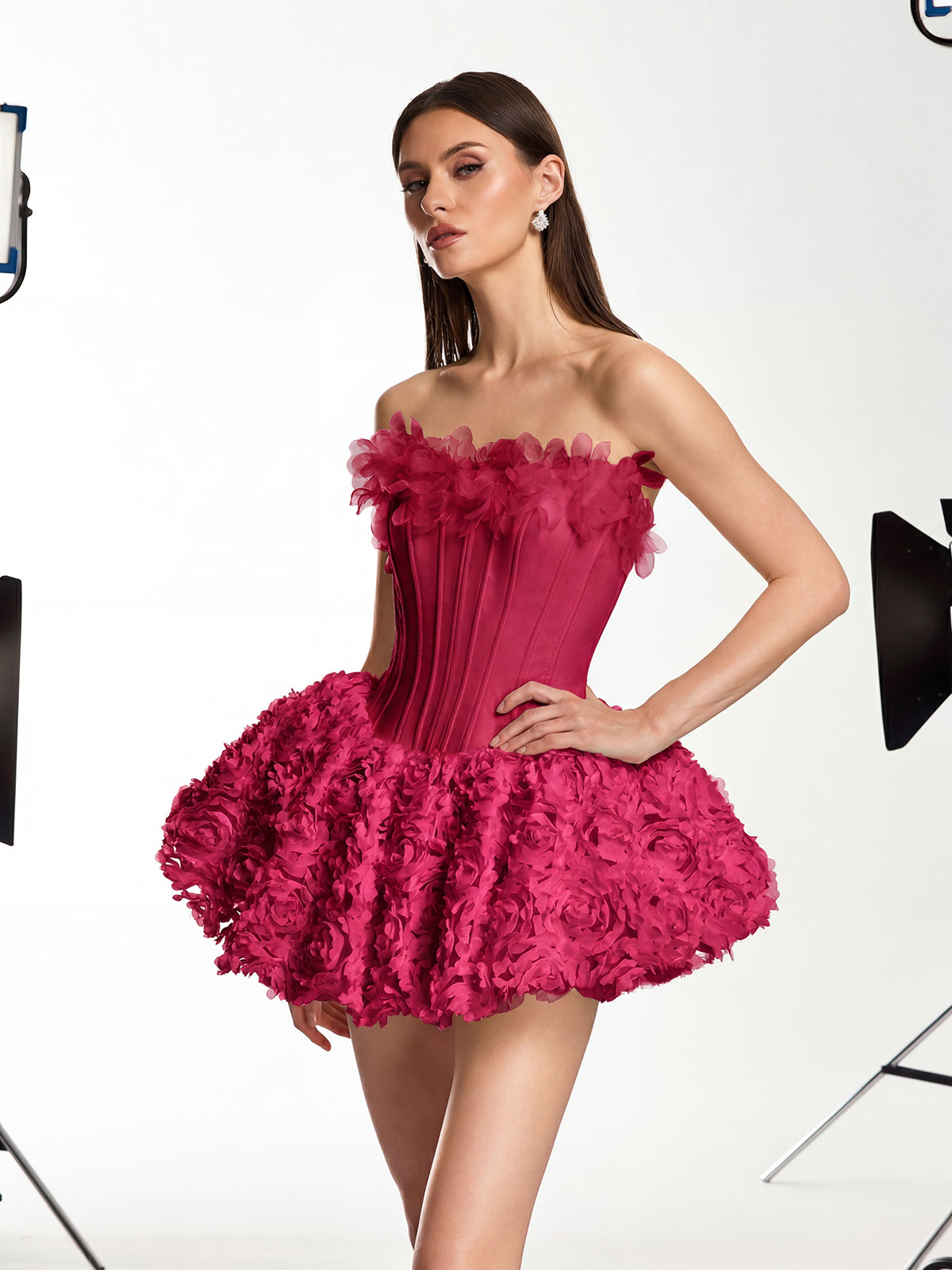 Ulthar Strapless Flower Mini Dress In Hot Pink