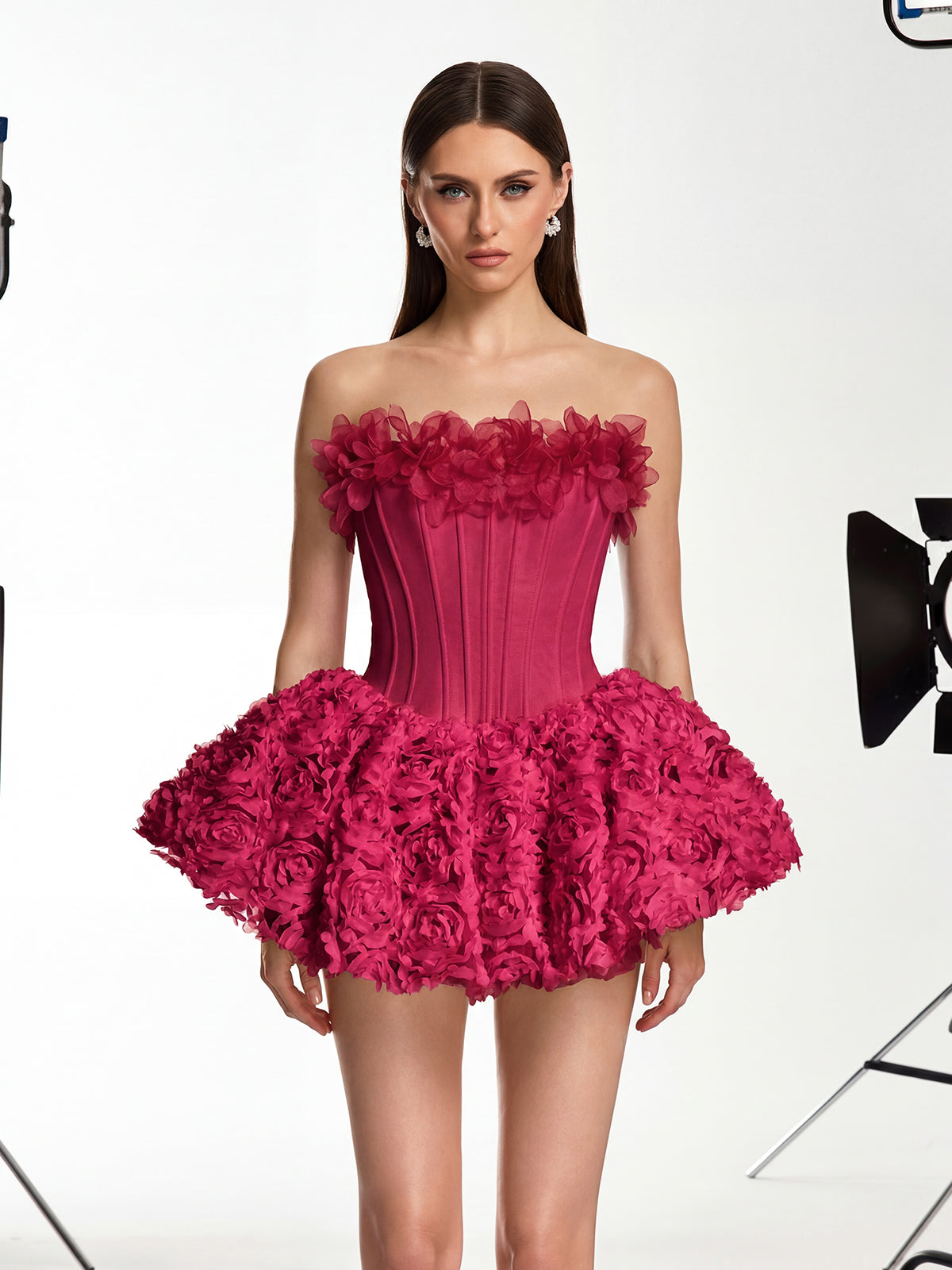 Ulthar Strapless Flower Mini Dress In Hot Pink