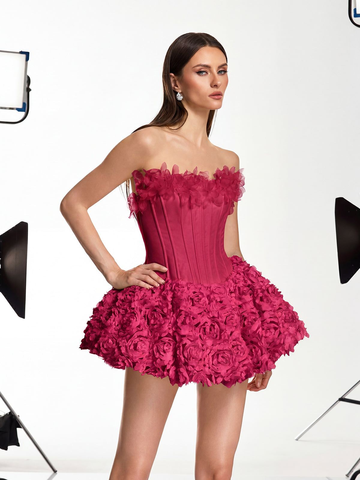 Ulthar Strapless Flower Mini Dress In Hot Pink