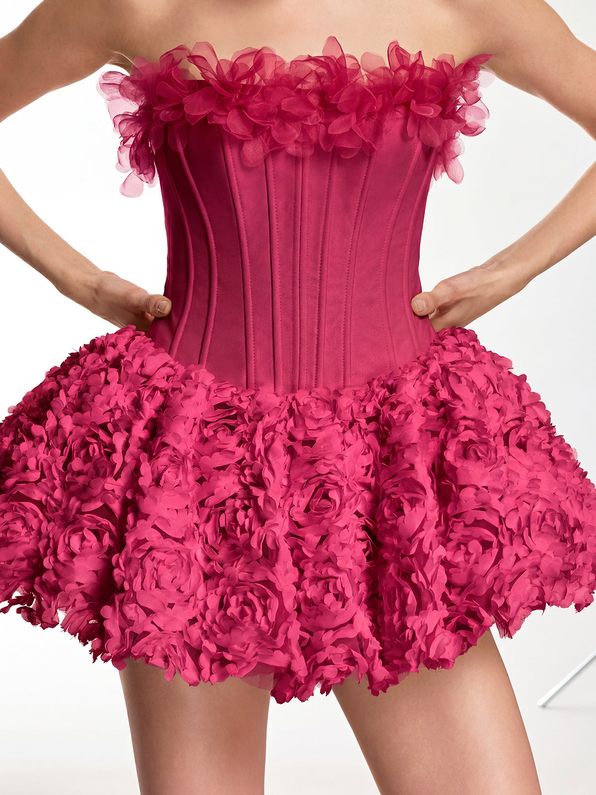 Ulthar Strapless Flower Mini Dress In Hot Pink