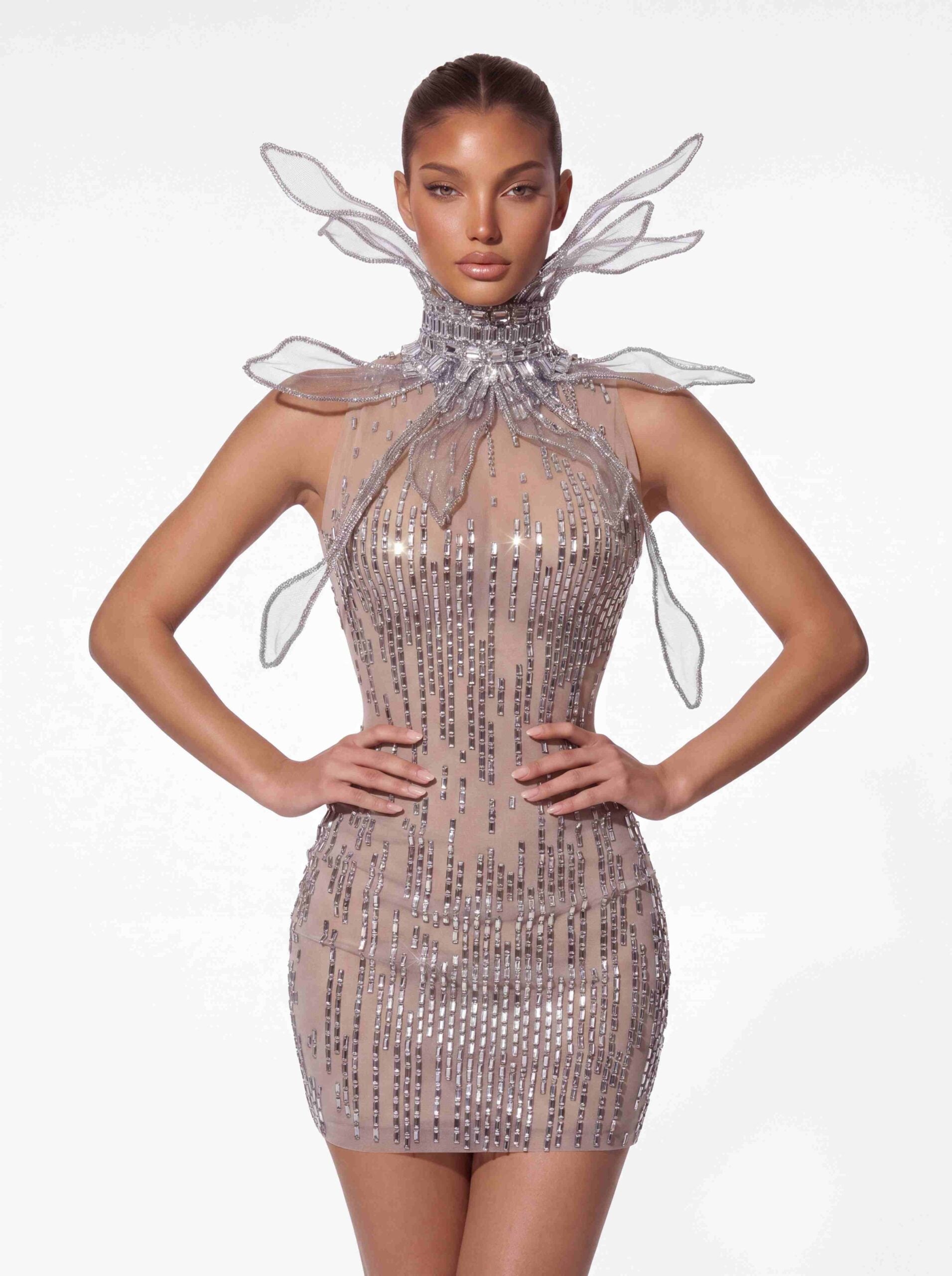 Ulverion High Neck Crystal Butterfly Mini Dress