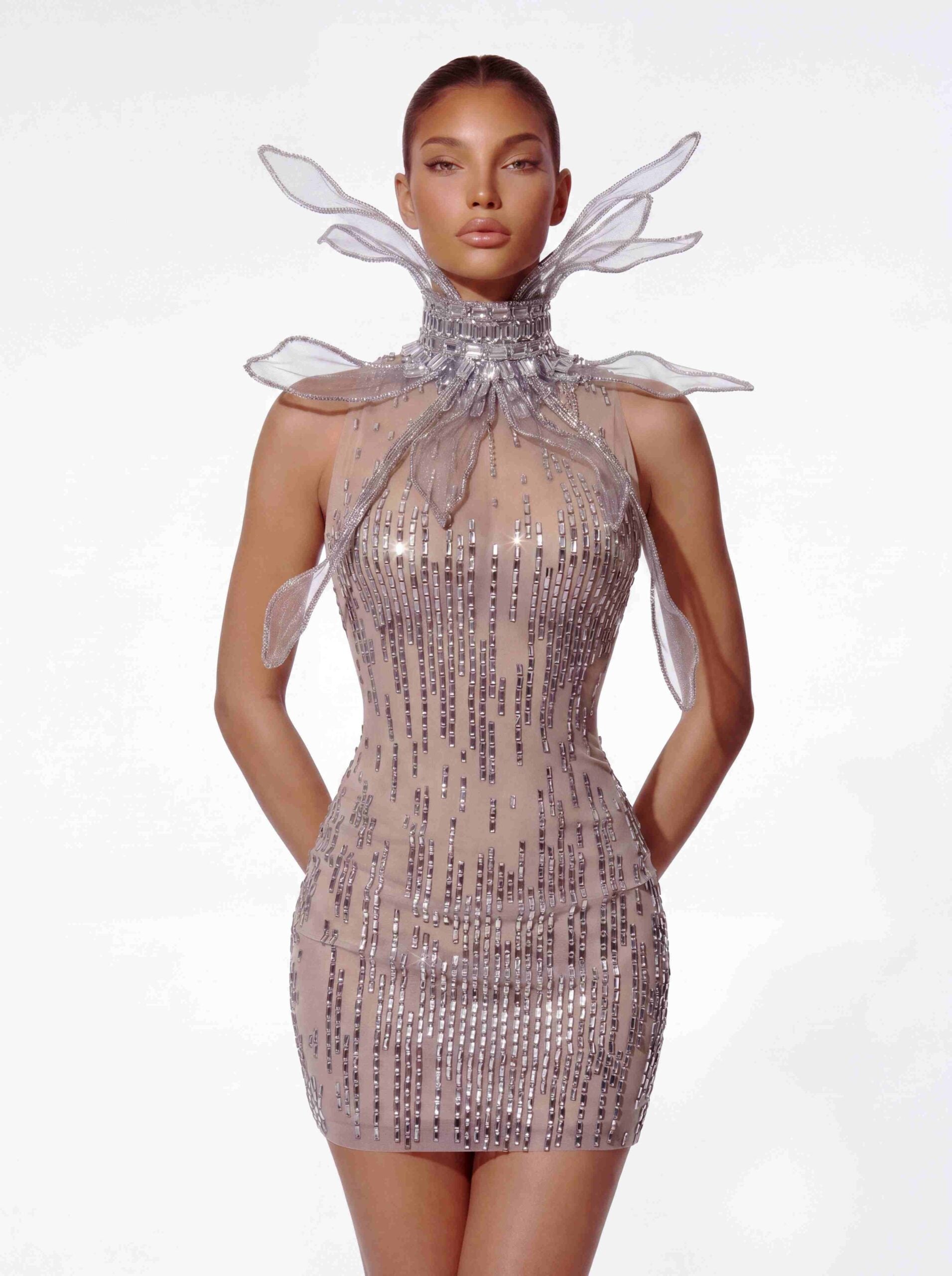 Ulverion High Neck Crystal Butterfly Mini Dress
