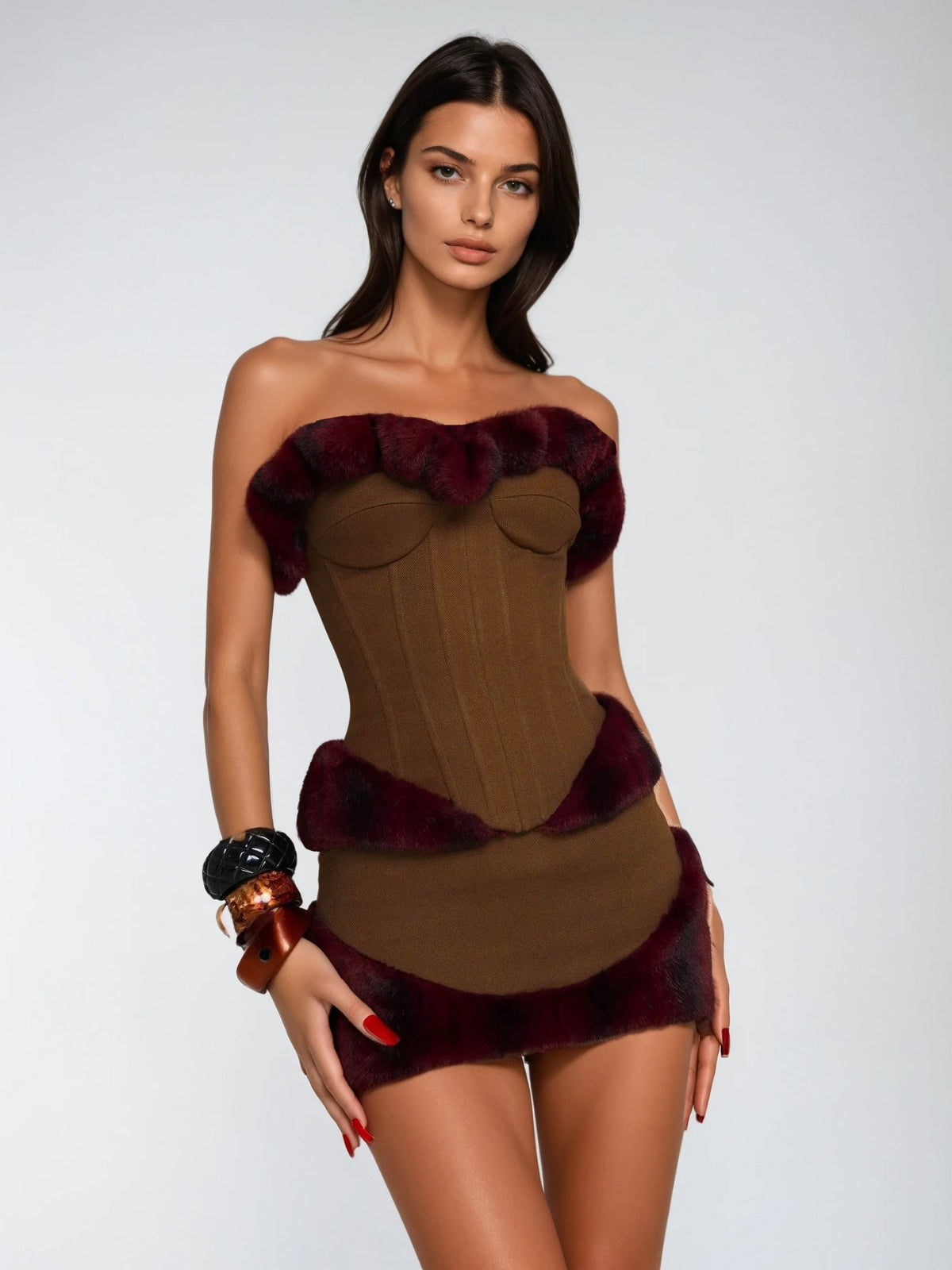 Ulythar Strapless Faux Fur Skirt Set