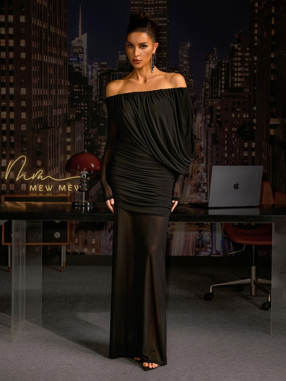 Upwellix Off Shoulder Draped Mesh Maxi Dress In Black