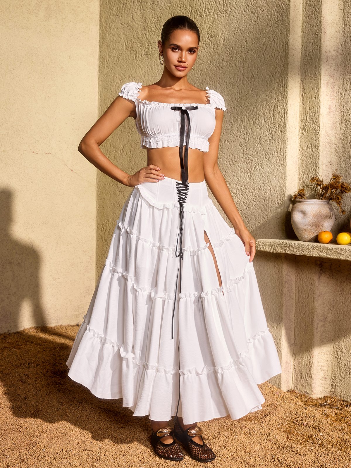 Uvenlor Lace Up Split Skirt Set