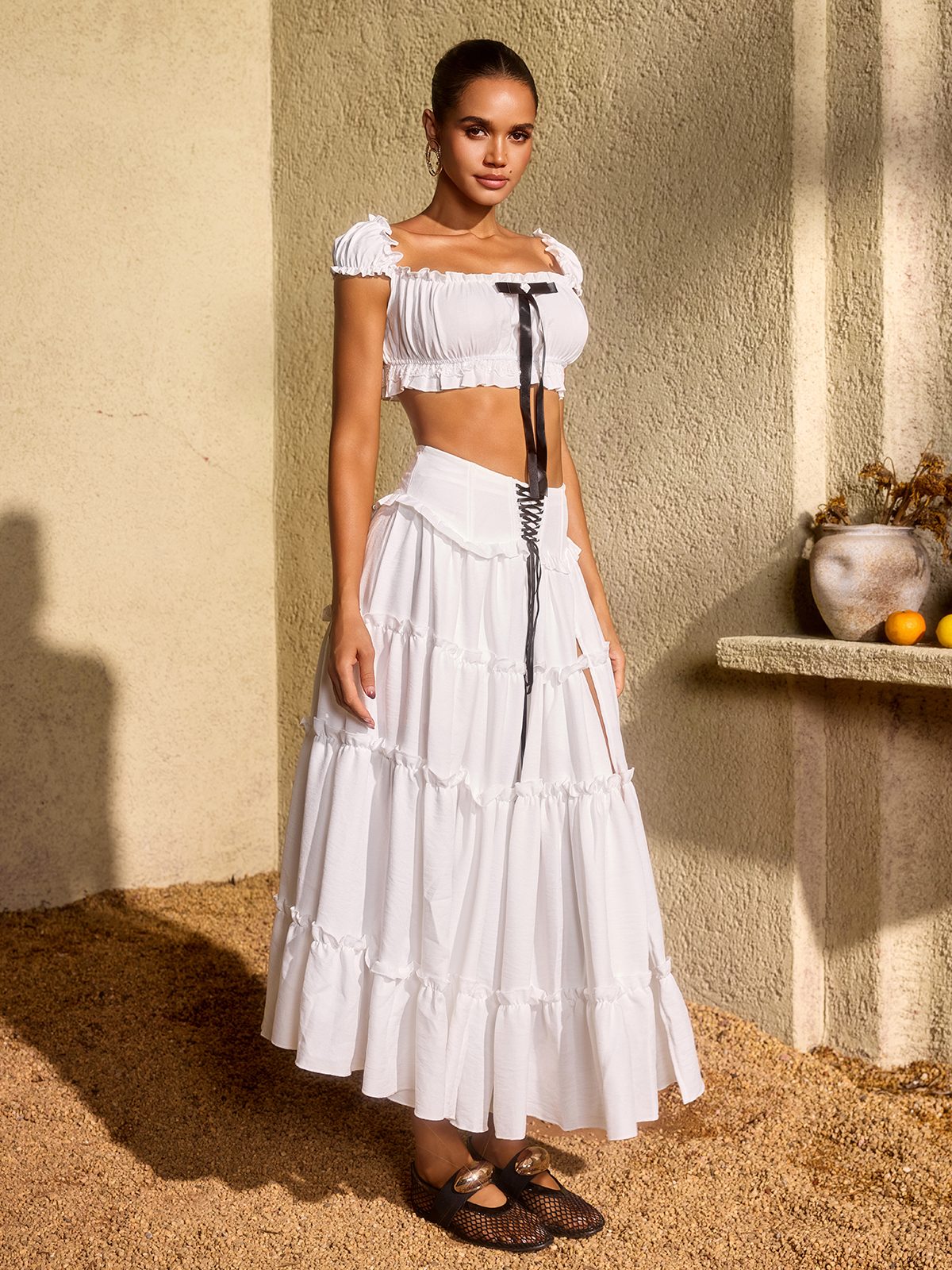 Uvenlor Lace Up Split Skirt Set
