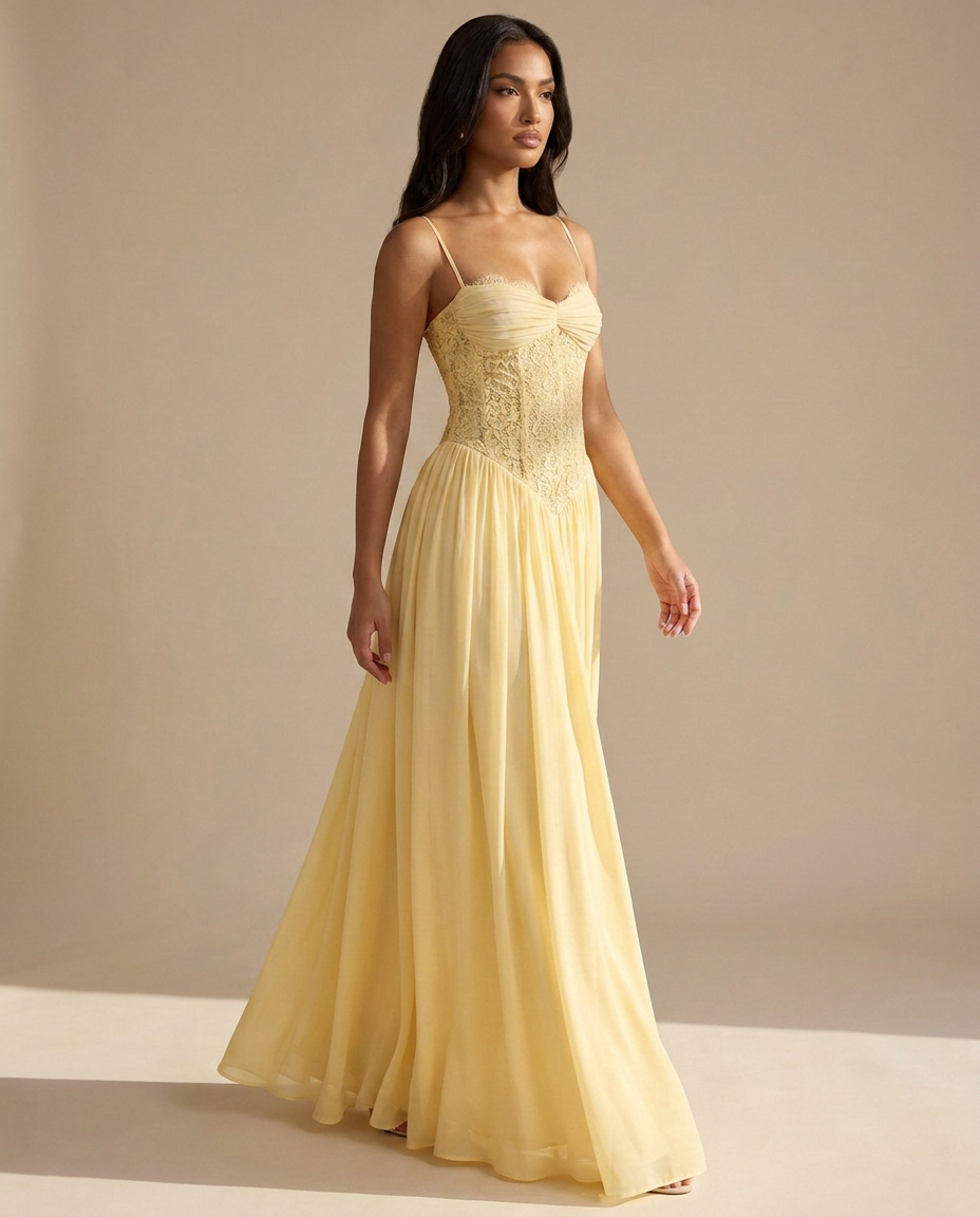 Celestina Halterneck Lace Maxi Dress In Yellow