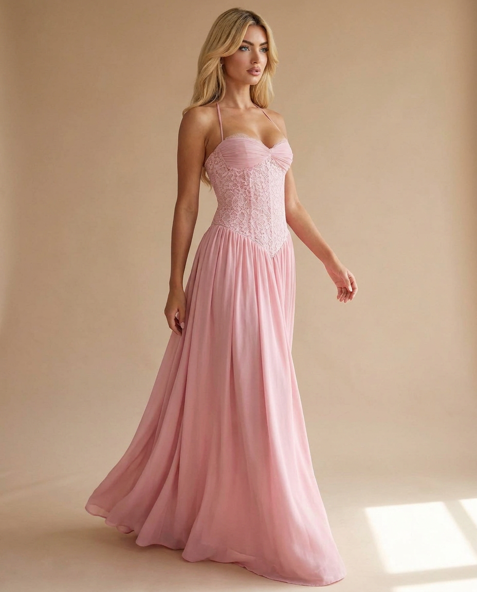 Celestina Halterneck Lace Maxi Dress In Pink