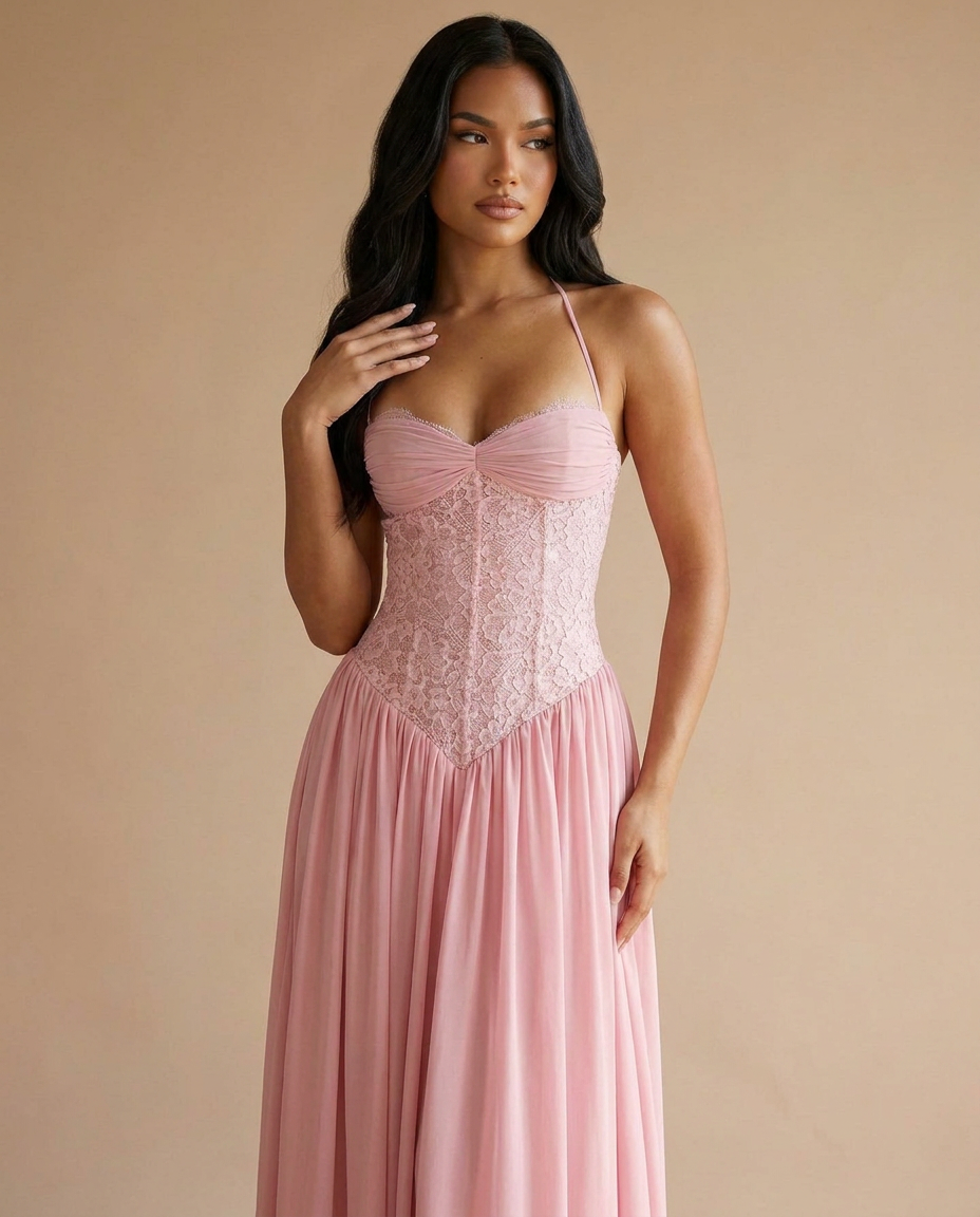 Celestina Halterneck Lace Maxi Dress In Pink