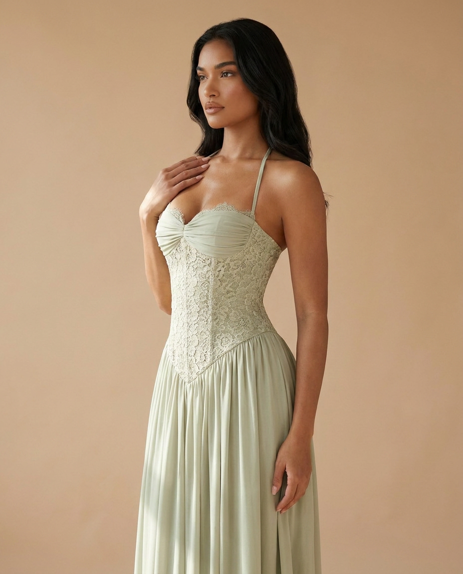 Celestina Halterneck Lace Maxi Dress In Green