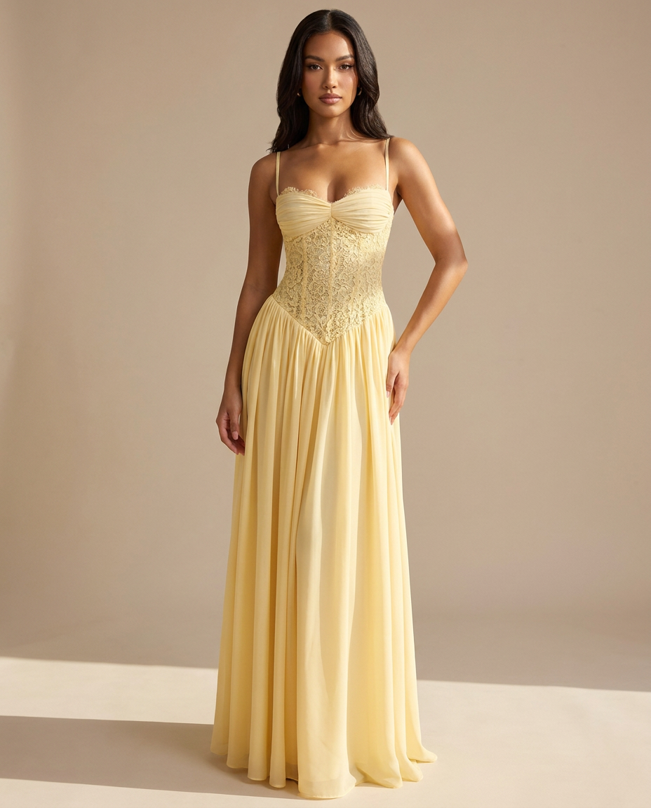 Celestina Halterneck Lace Maxi Dress In Yellow