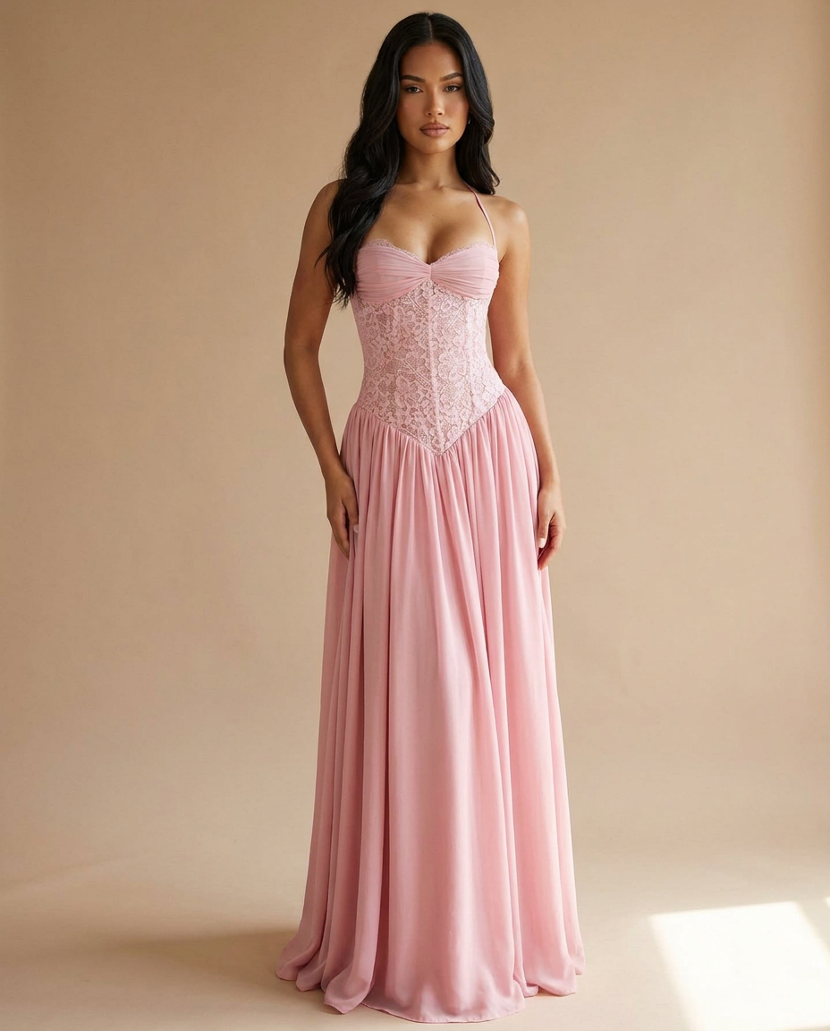 Celestina Halterneck Lace Maxi Dress In Pink