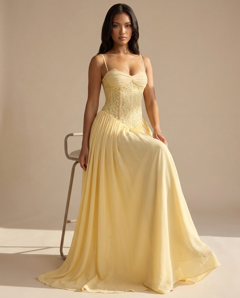 Celestina Halterneck Lace Maxi Dress In Yellow