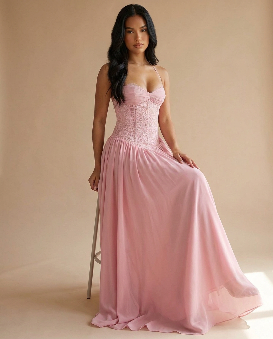 Celestina Halterneck Lace Maxi Dress In Pink