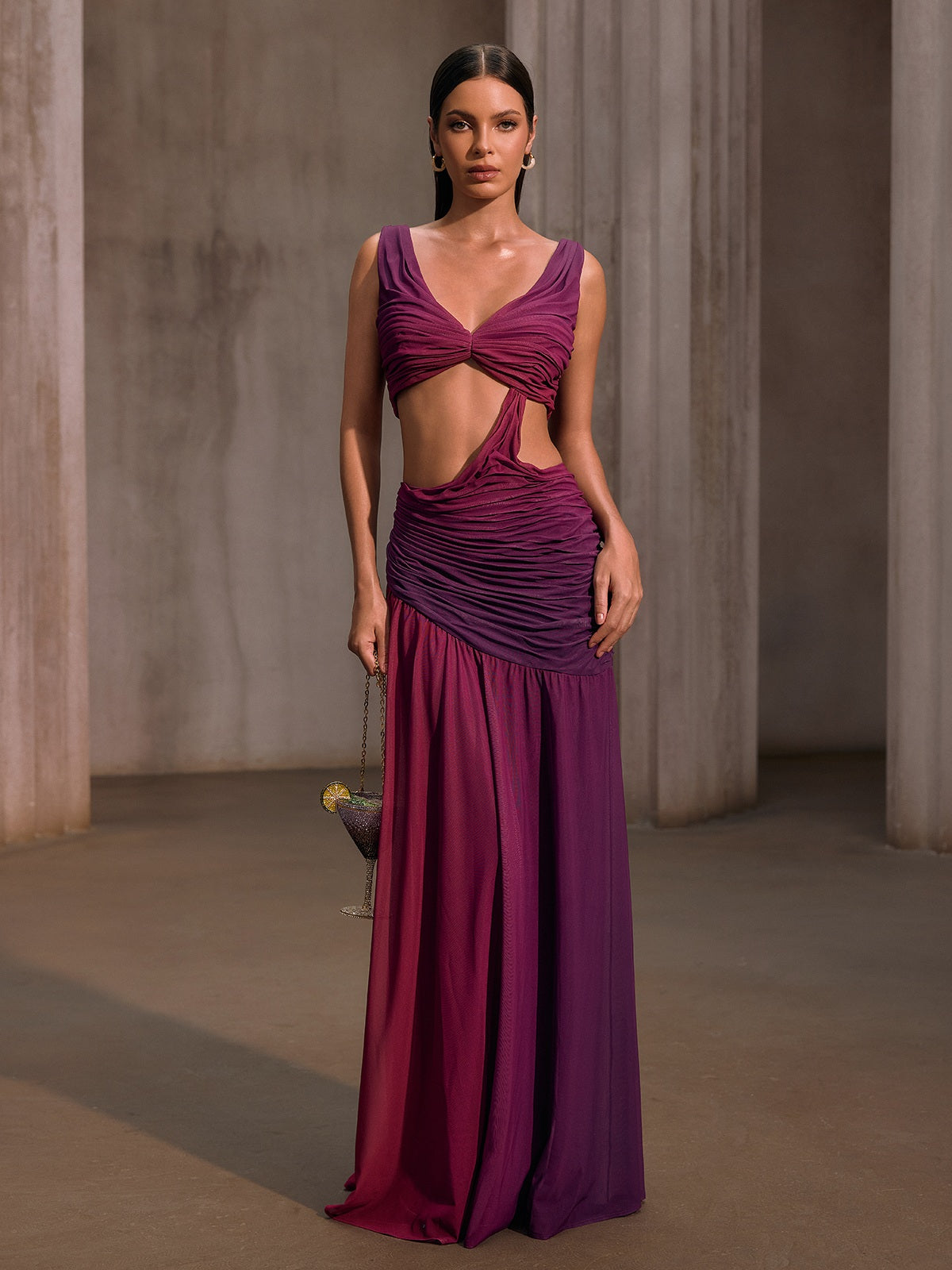 Vavixyn V Neck Cutout Ruched Maxi Dress