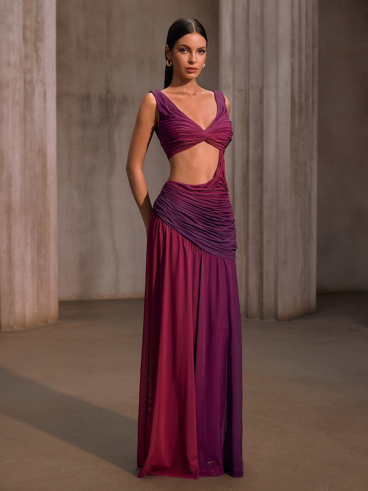 Vavixyn V Neck Cutout Ruched Maxi Dress