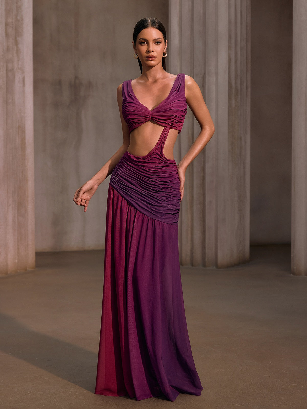 Vavixyn V Neck Cutout Ruched Maxi Dress