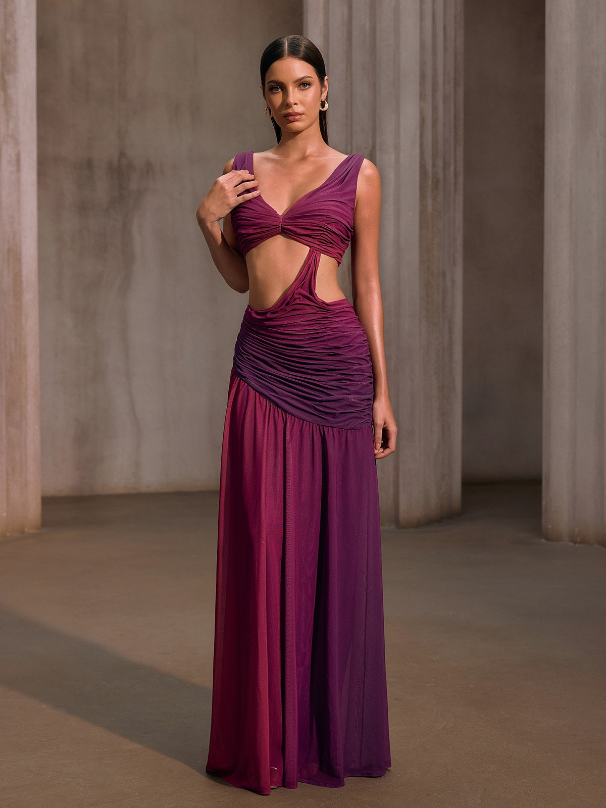 Vavixyn V Neck Cutout Ruched Maxi Dress
