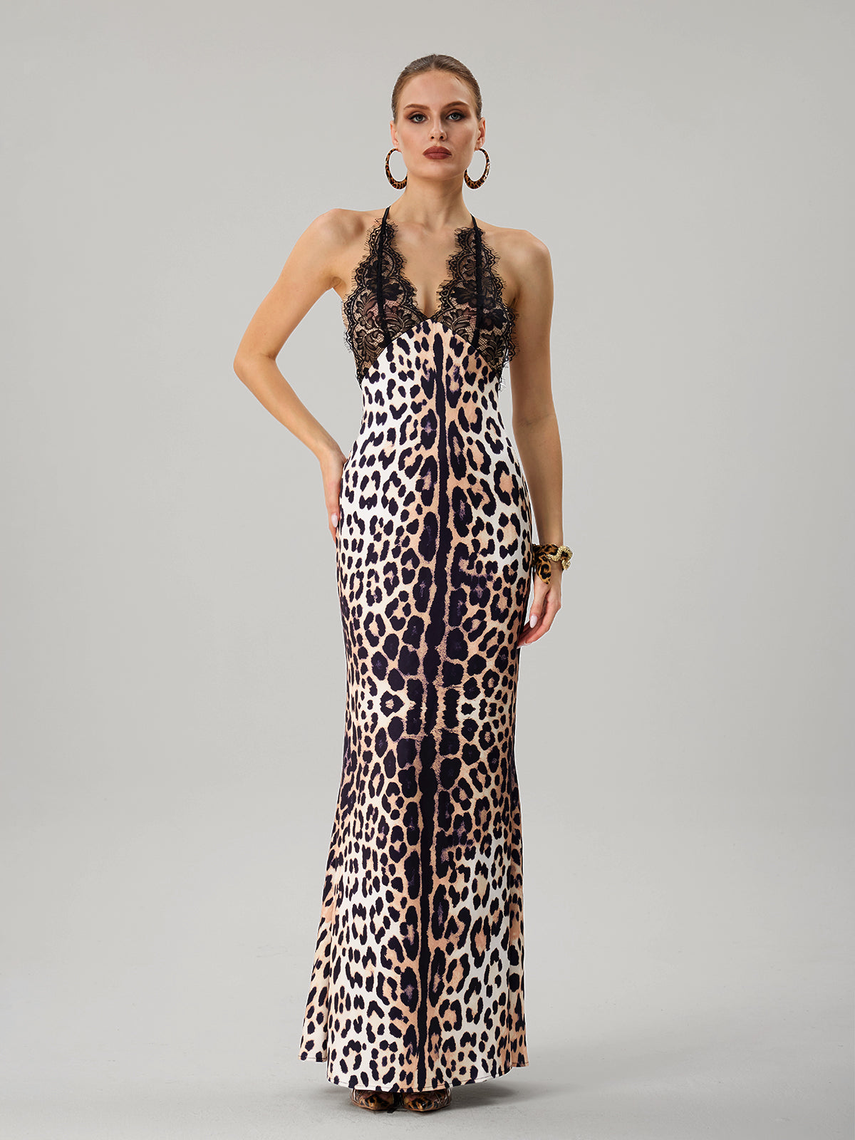 Vazvara Halterneck Lace Leopard Maxi Dress