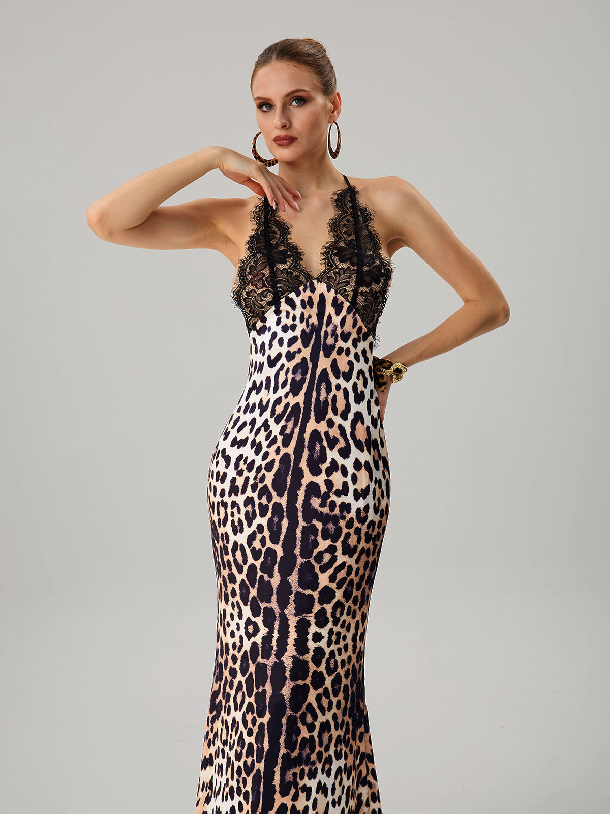 Vazvara Halterneck Lace Leopard Maxi Dress