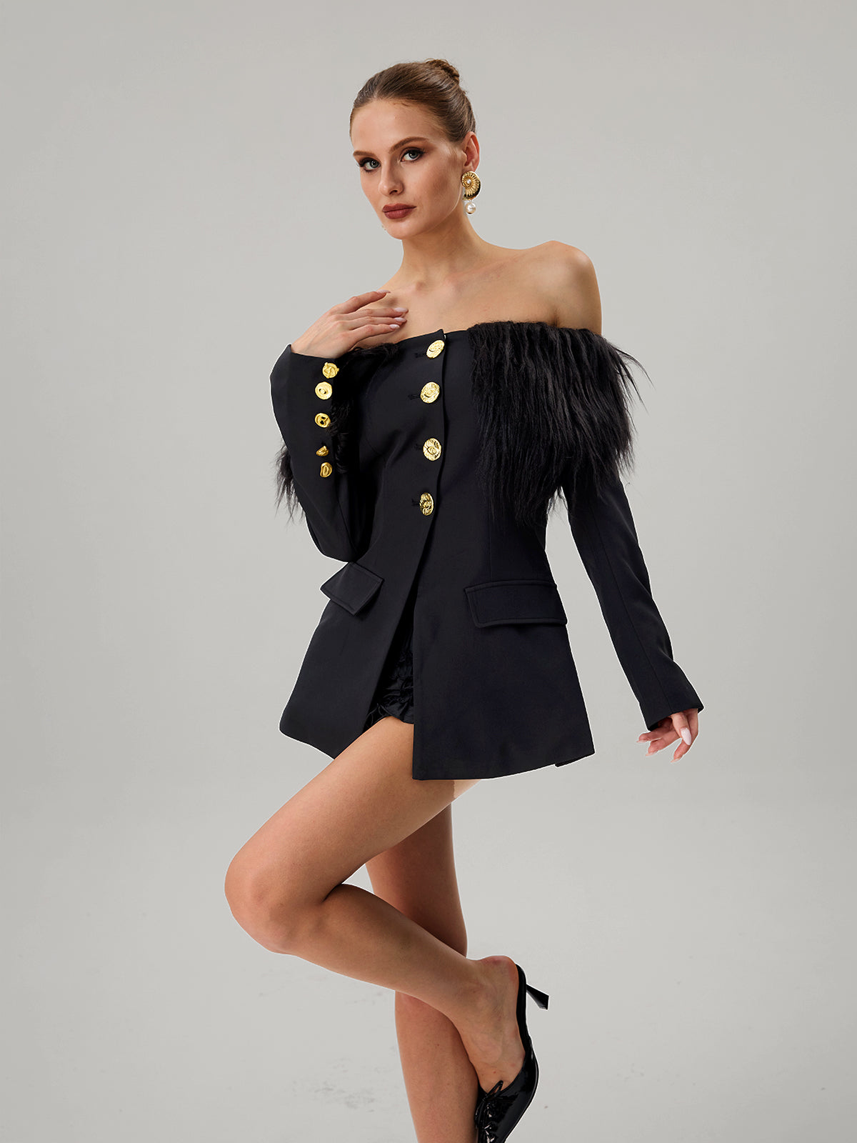 Vazzar Off Shoulder Fringe Blazer