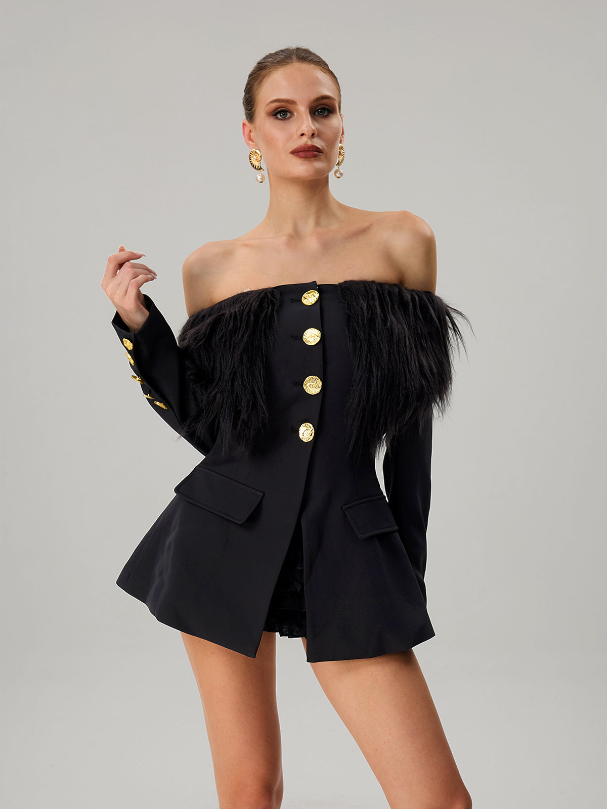 Vazzar Off Shoulder Fringe Blazer