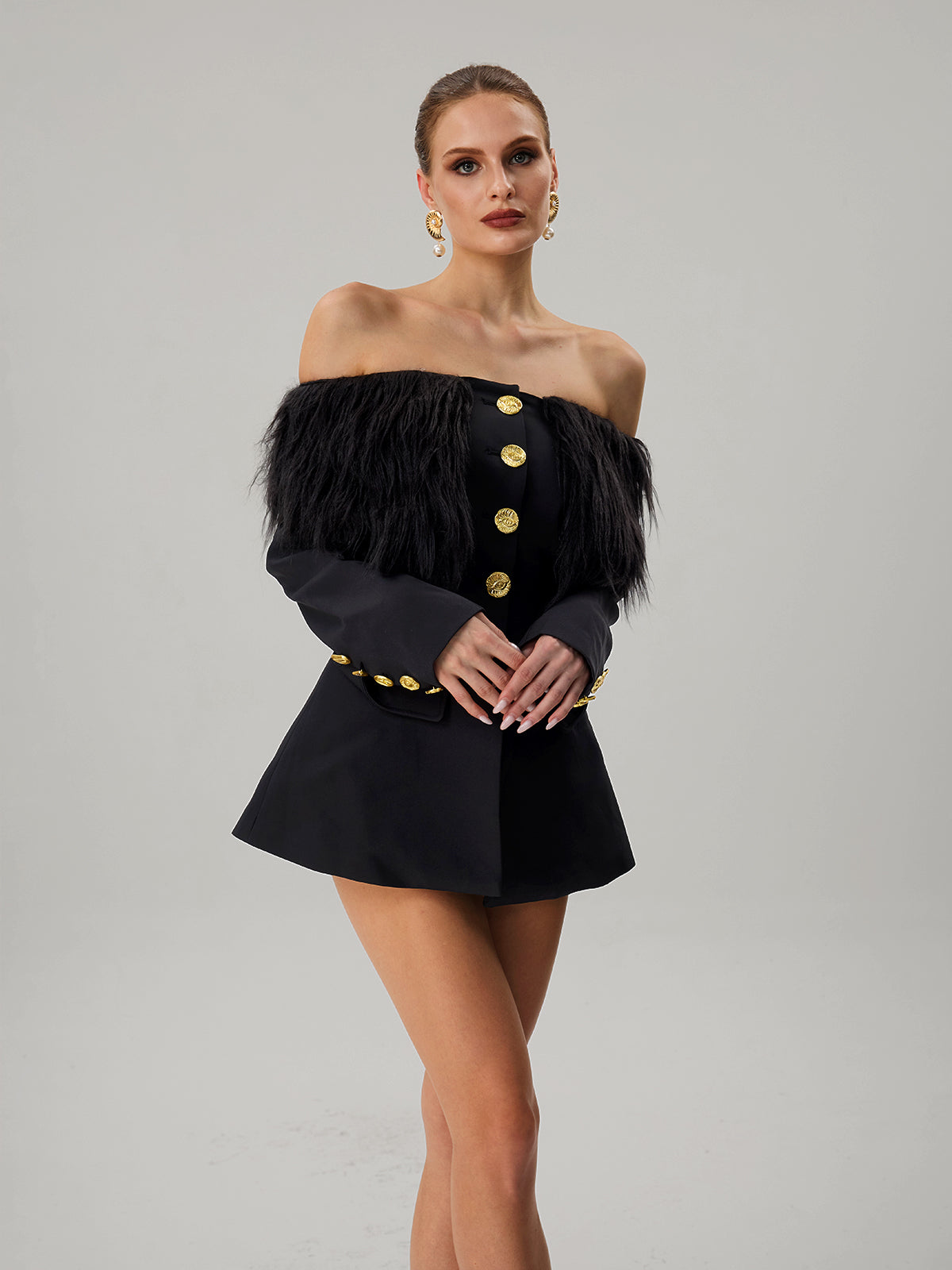 Vazzar Off Shoulder Fringe Blazer