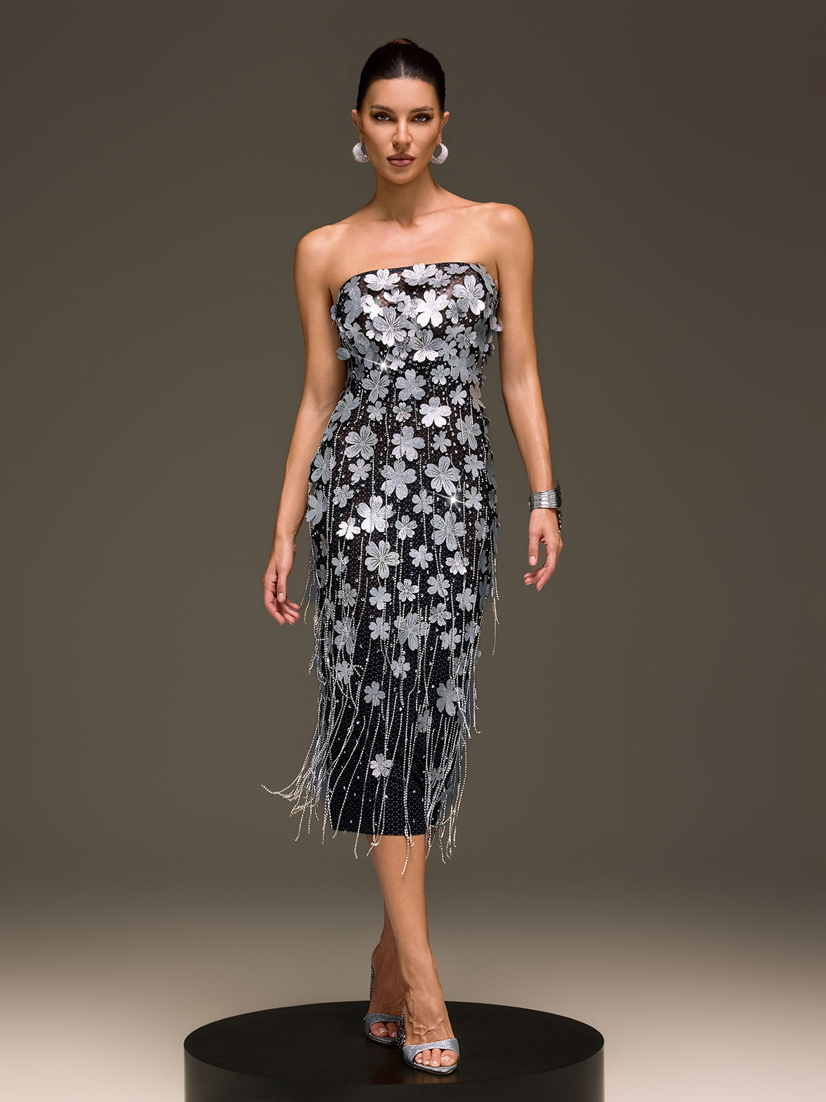 Velcryn Strapless Flower Fringe Midi Dress