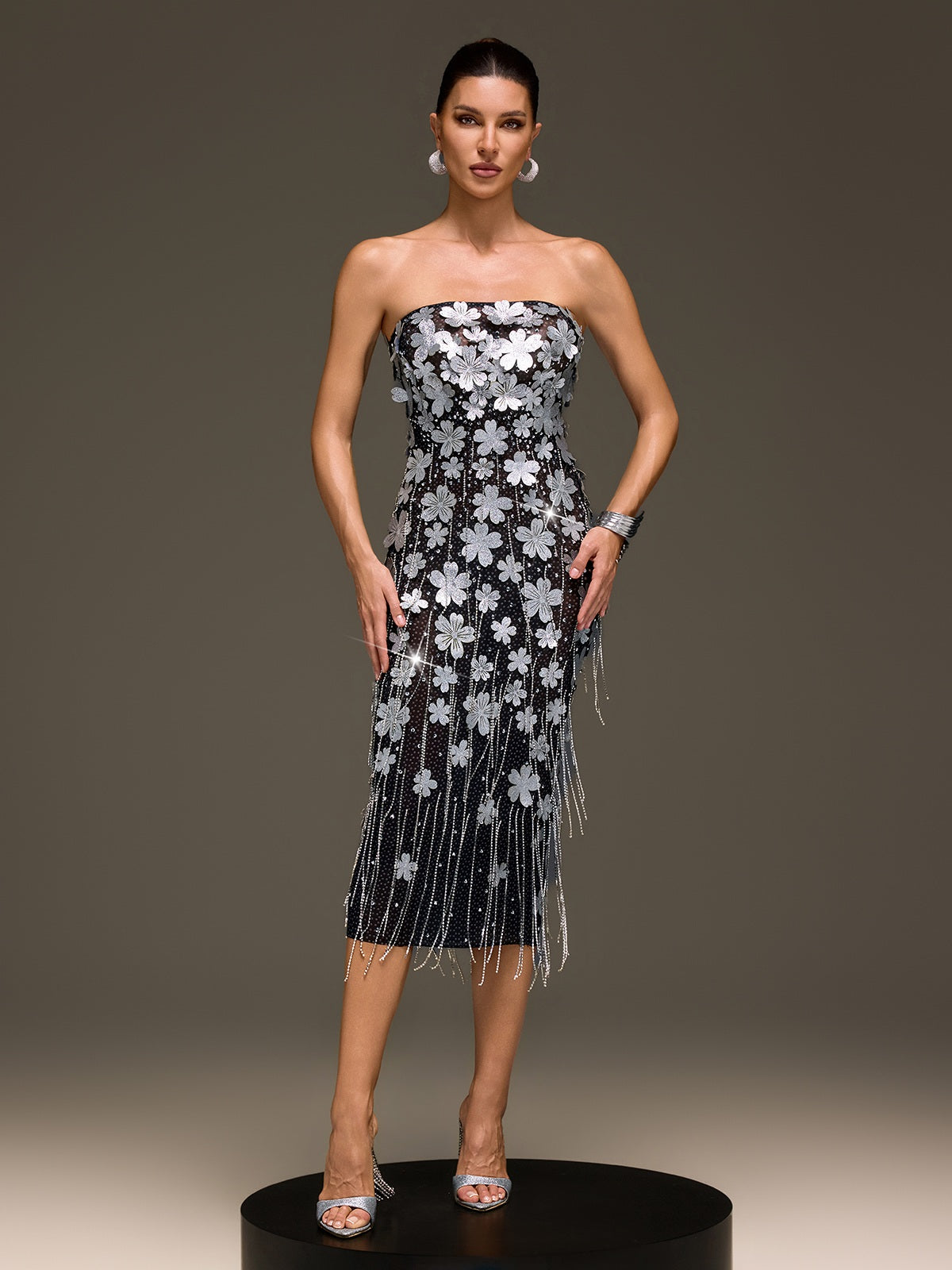 Velcryn Strapless Flower Fringe Midi Dress