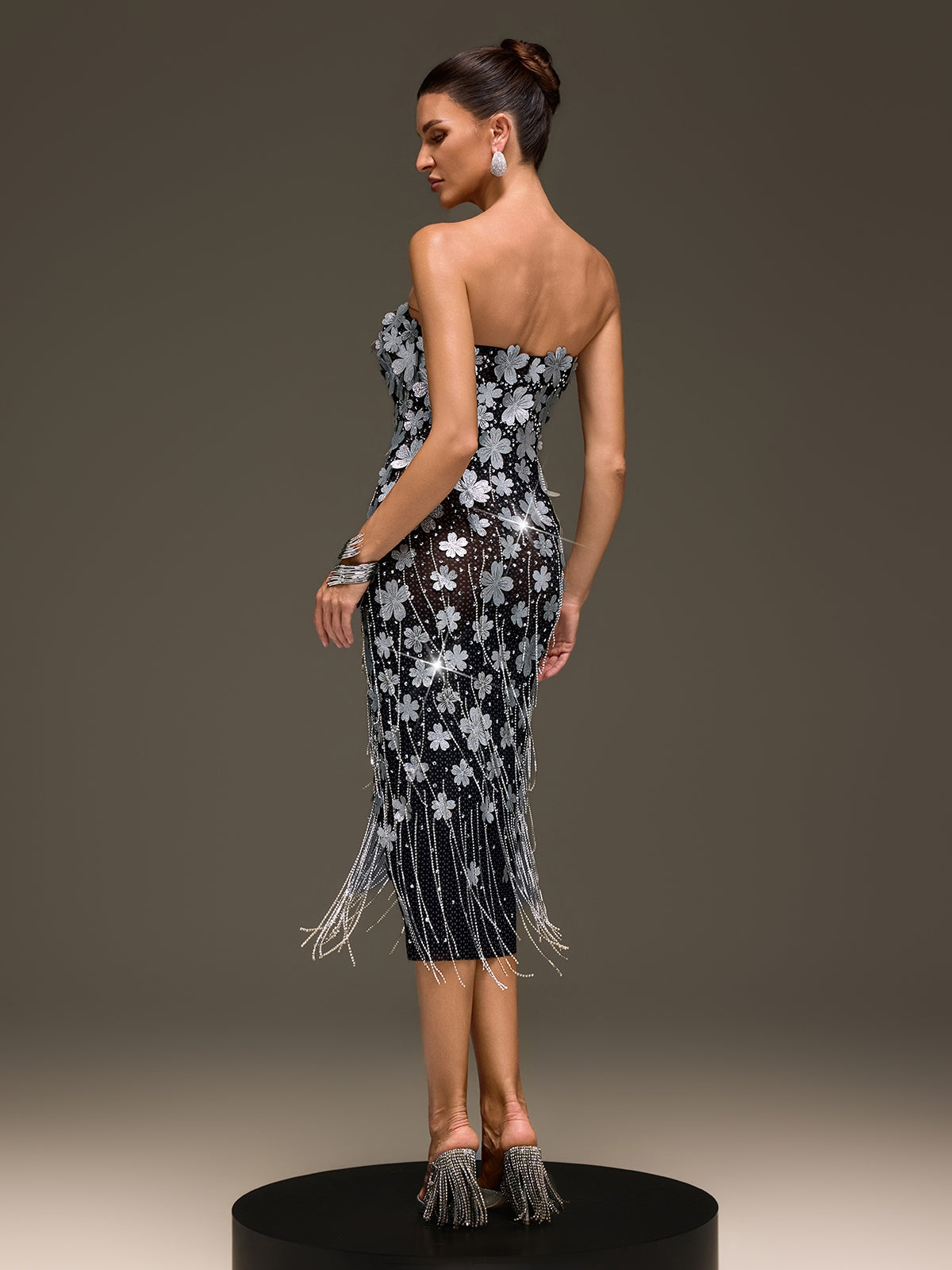 Velcryn Strapless Flower Fringe Midi Dress