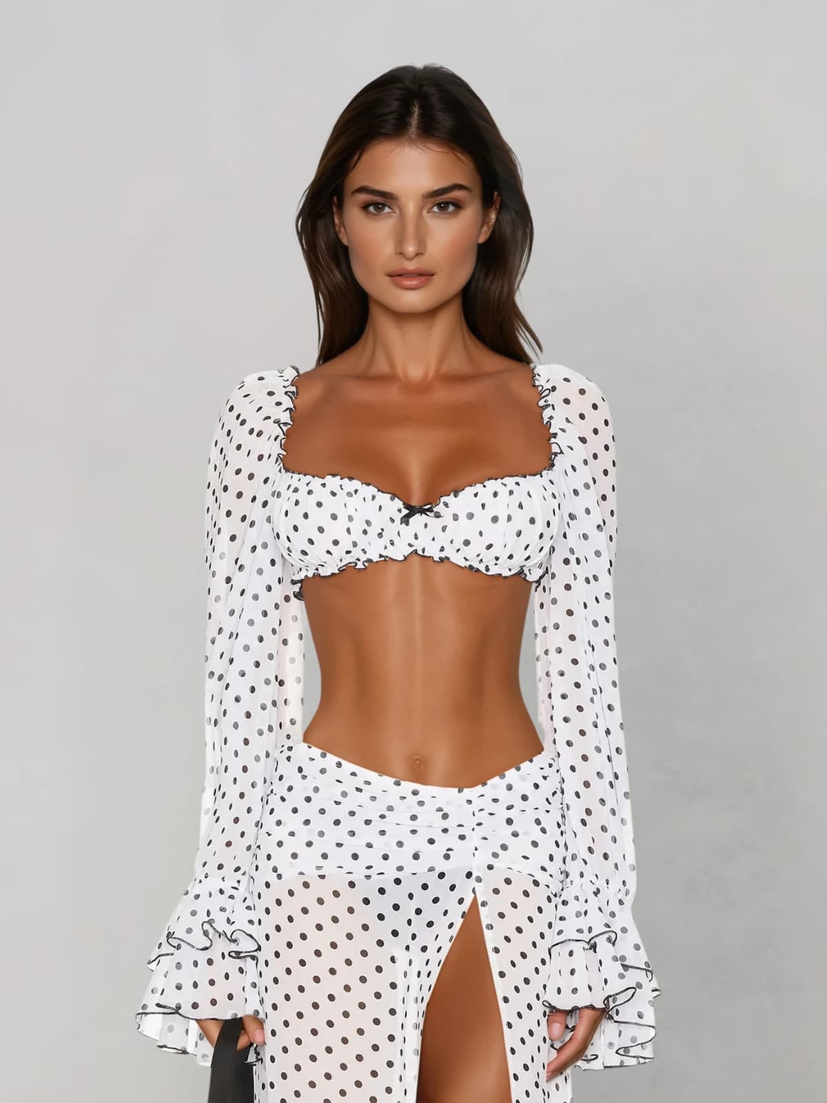 Velqis Ruffle Sleeve Dot Split Skirt Set